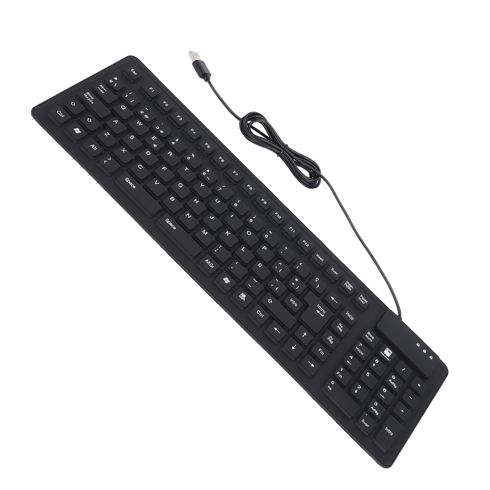 Eine schwarze, flexible Tastatur mit weißen Tasten und einem USB-Kabel.
