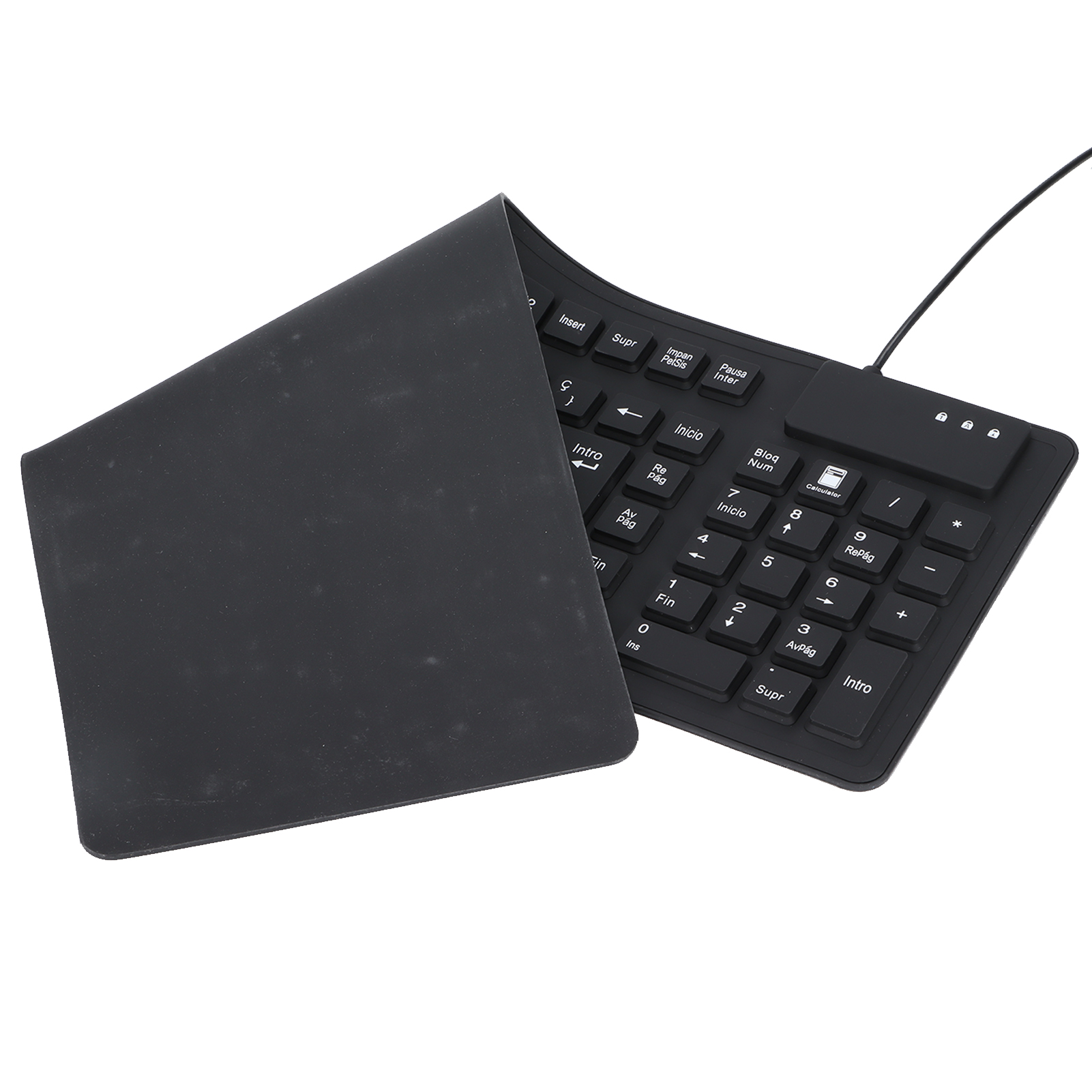 Schwarze flexible Tastatur, gefaltet und isoliert auf weißem Hintergrund.
