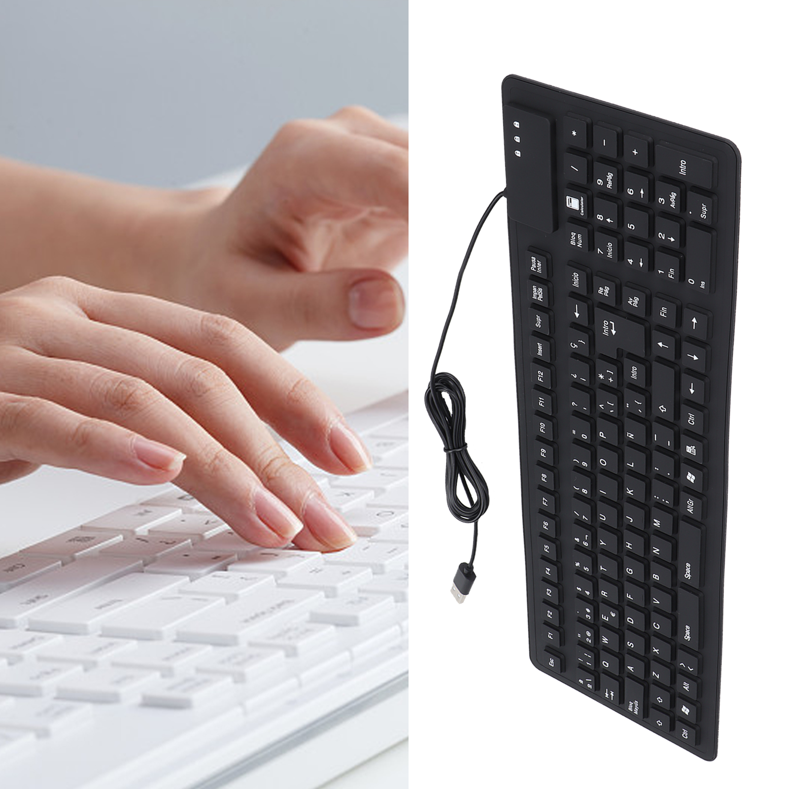 Eine schwarze Tastatur neben einer weißen Tastatur. Hände sind auf der weißen Tastatur. Die schwarze ist abgewinkelt.