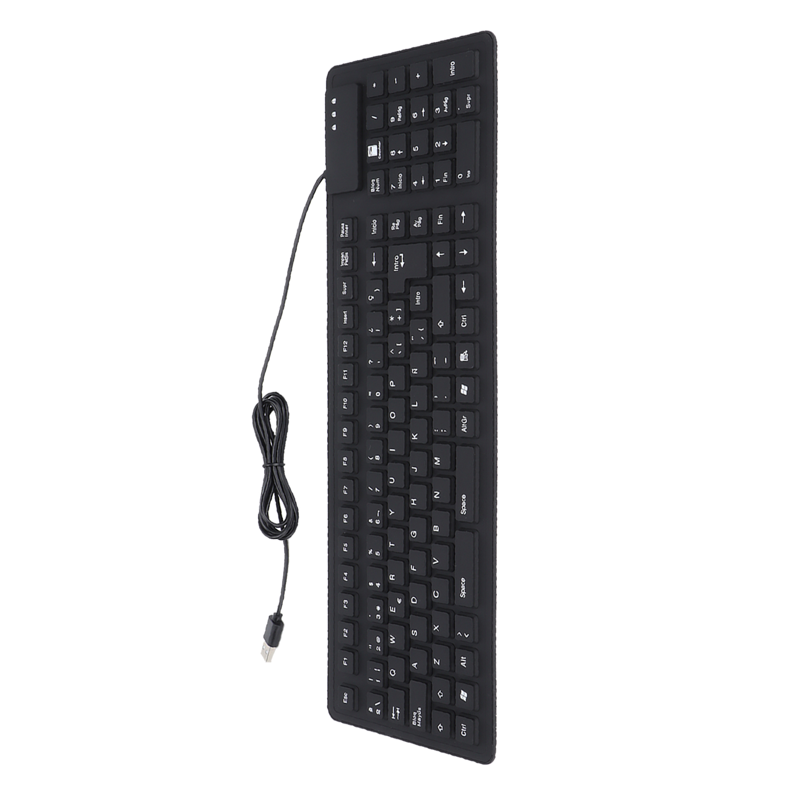 Eine schwarze, schlanke Tastatur mit USB-Kabel auf weißem Hintergrund, Tasten mit weißen Zeichen beschriftet.