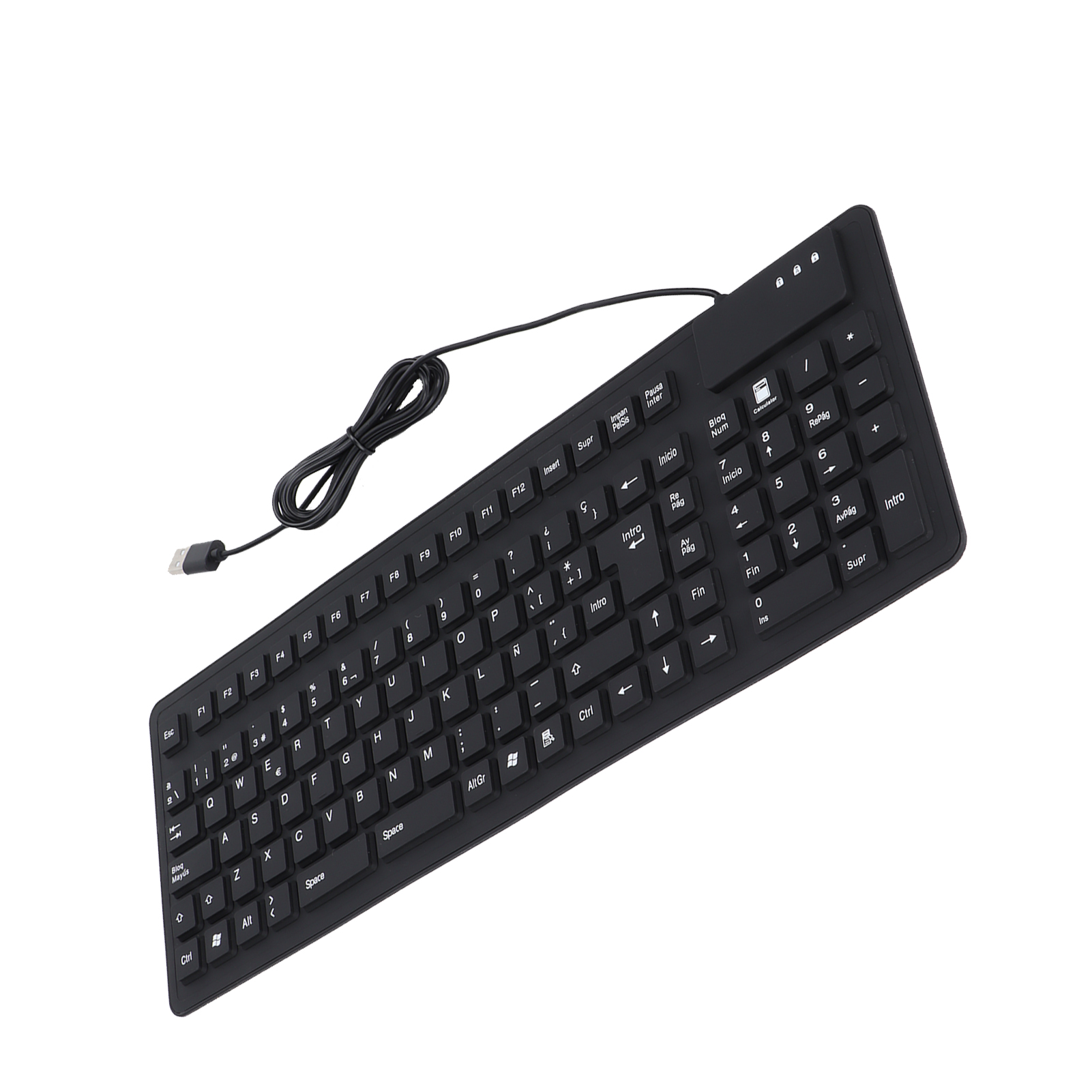 Eine schwarze, schlanke Tastatur mit USB-Kabel auf weißem Hintergrund, Tasten mit weißen Zeichen beschriftet.
