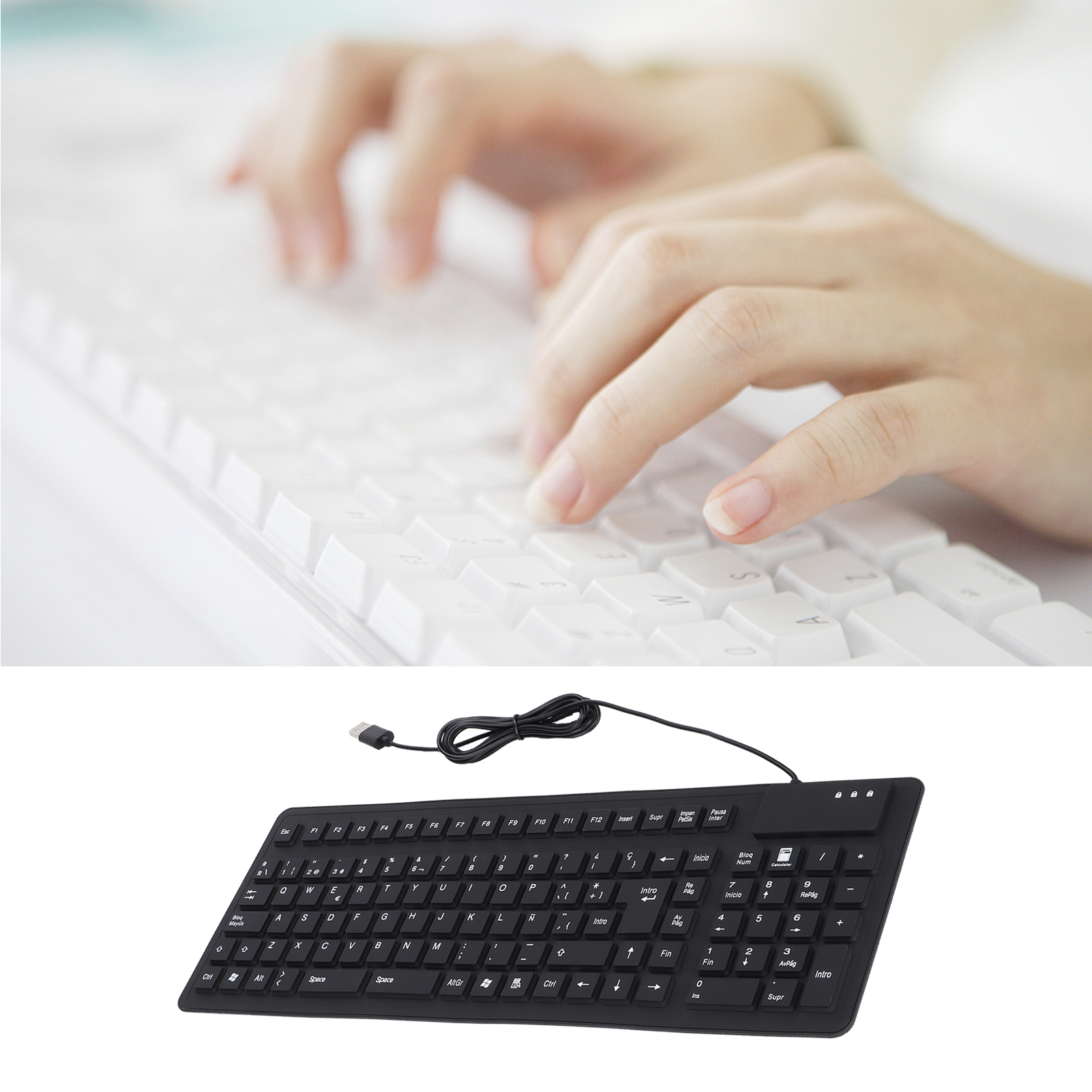 Hände, die auf einer weißen Tastatur tippen, darunter eine schwarze Tastatur.