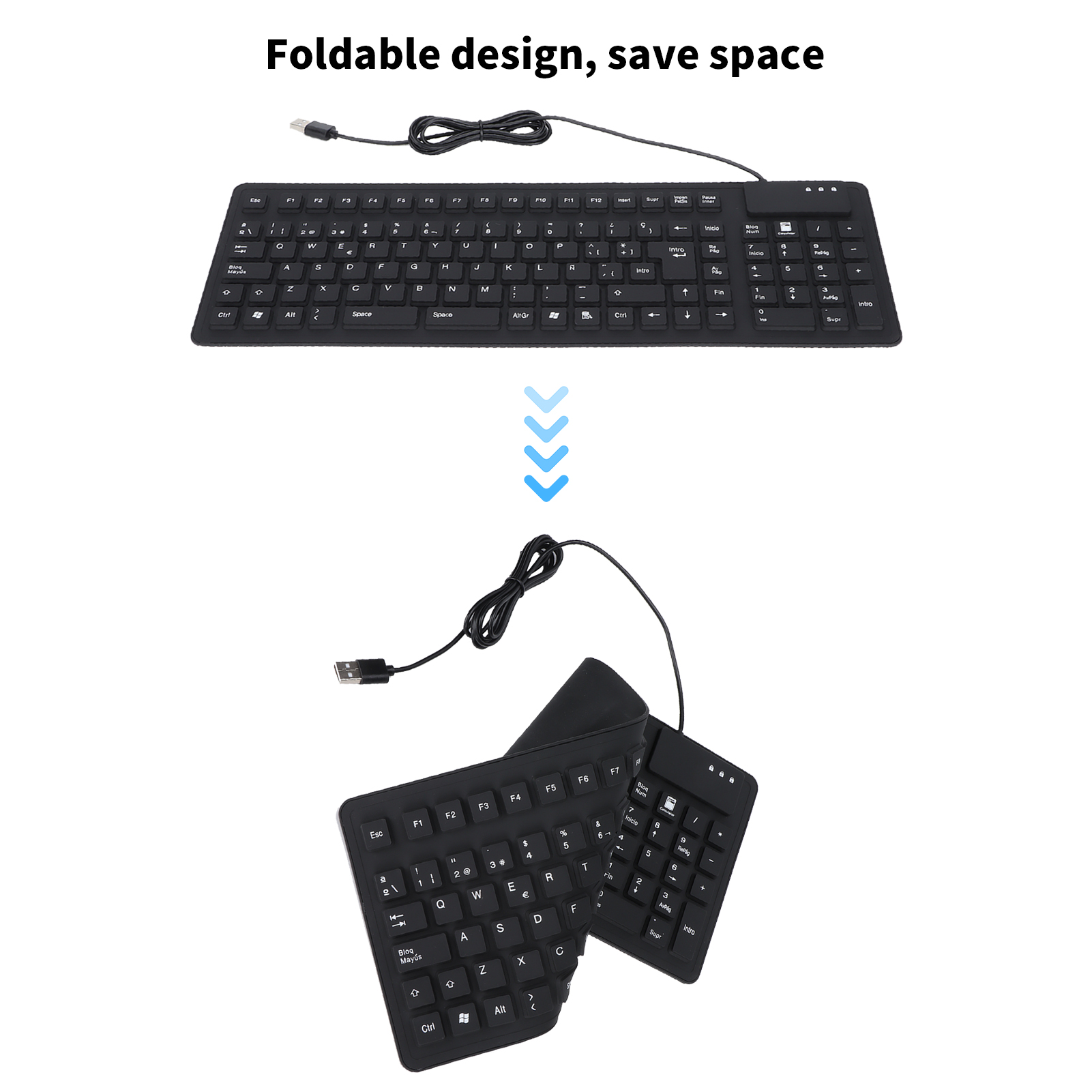 Zwei Bilder zeigen eine schwarze, faltbare Tastatur. Das obere Bild zeigt sie offen, das untere gefaltet. USB-Kabel vorhanden.