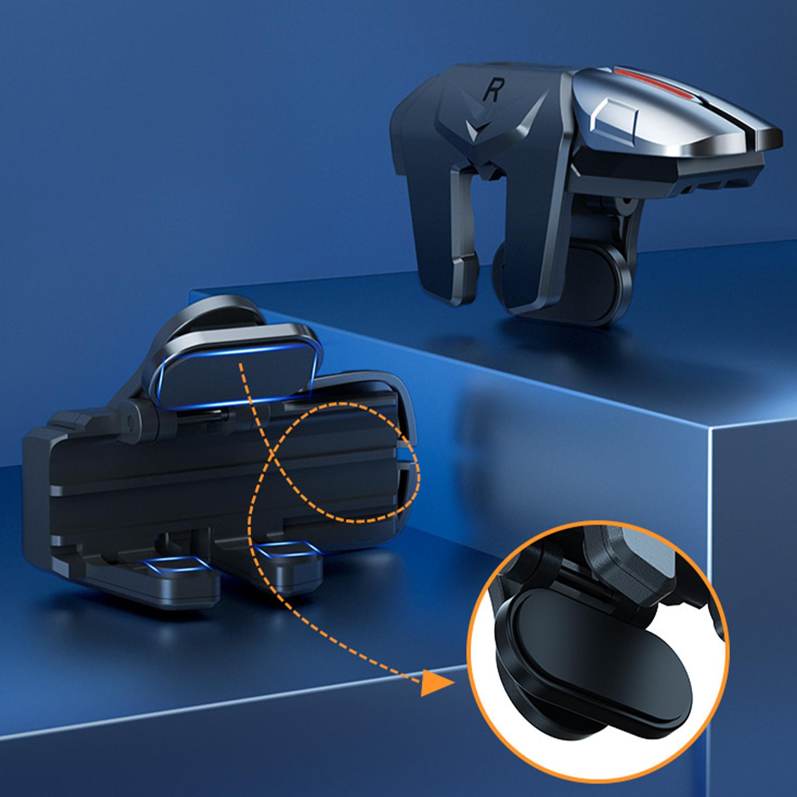 Gaming-Controller, einer am Telefon befestigt. Schwarz mit Silber- und Rotakzenten. Blauer Oberfläche, Detailausschnitt.