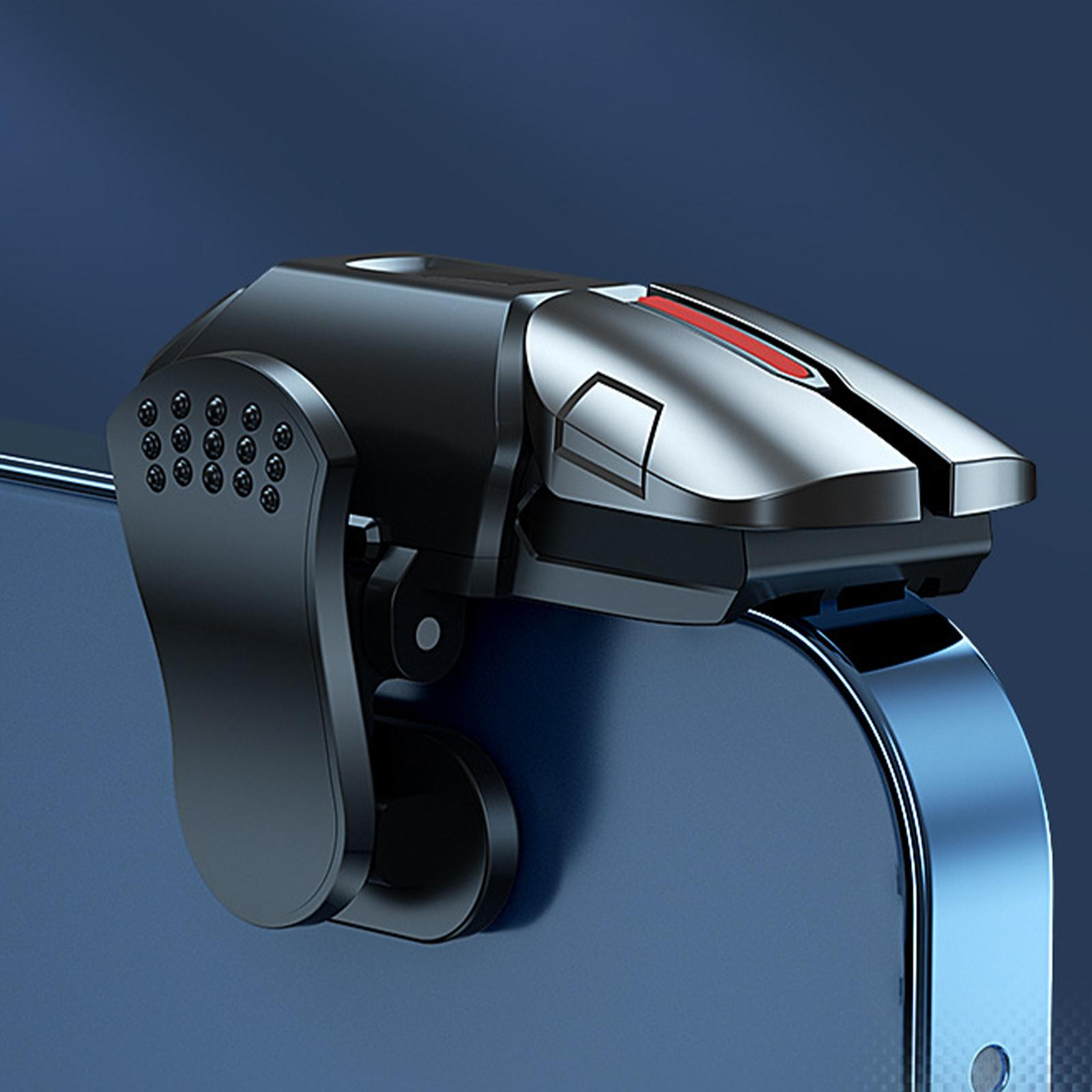 Ein schwarzer Gaming-Controller an einem blauen Telefon. Es hat einen roten Akzent und silberne Details.