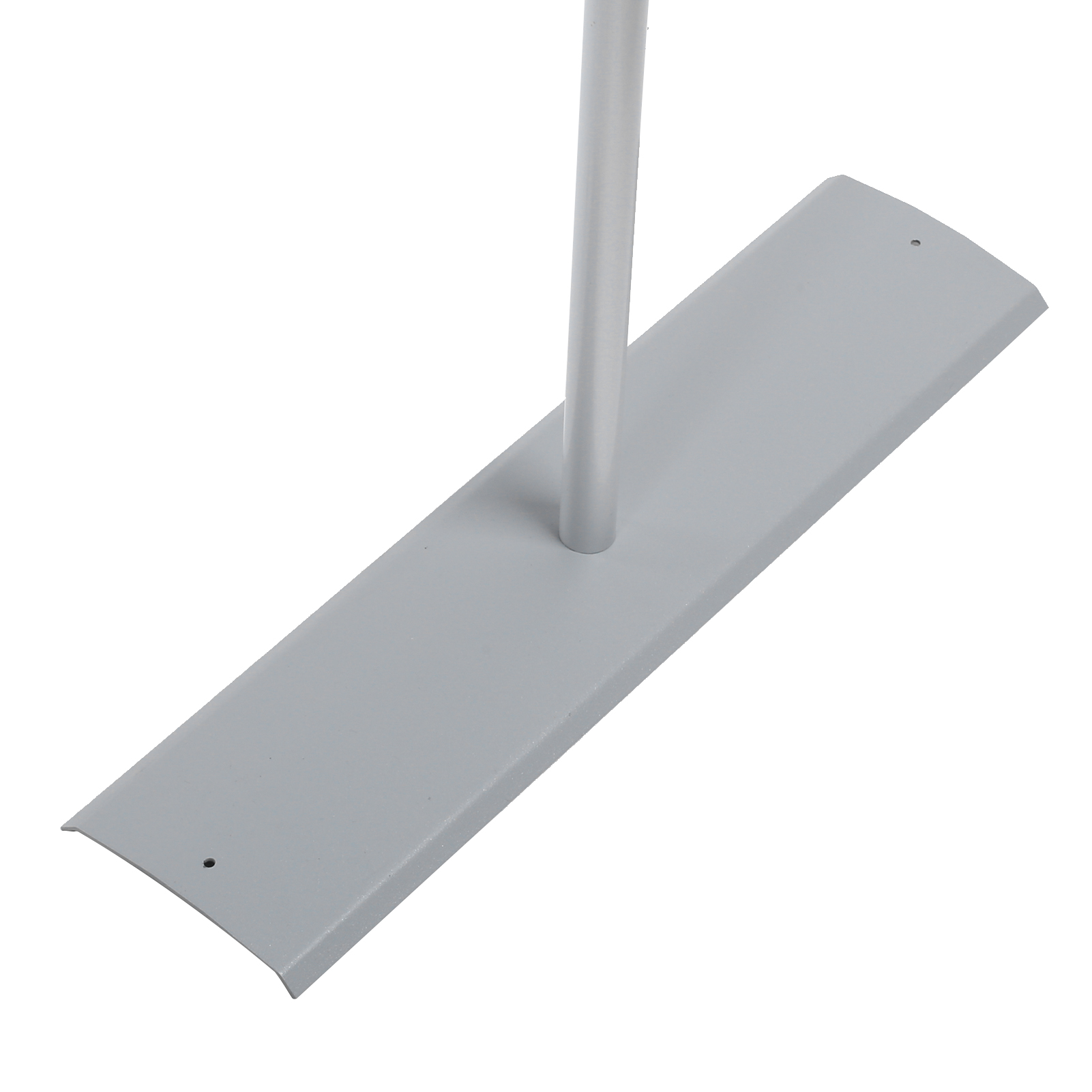 Eine silberne Metallbasis für einen Ständer. Sie hat eine rechteckige Form mit einer daran befestigten Stange.