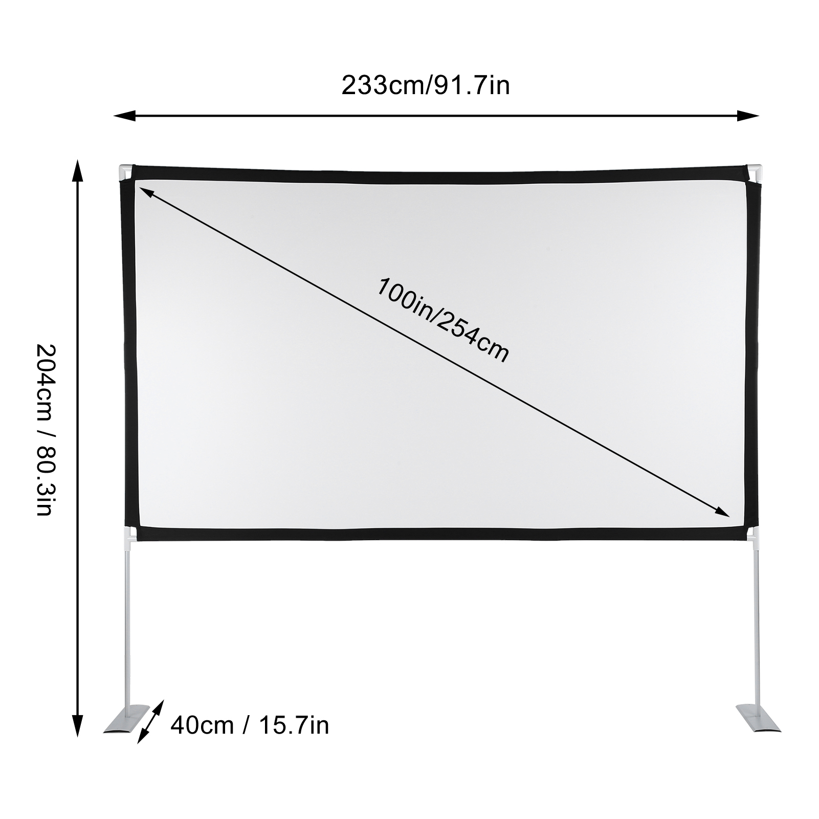Weiße Projektionsleinwand auf einem Ständer. Abmessungen in cm und Zoll sind auf dem Bild angegeben.