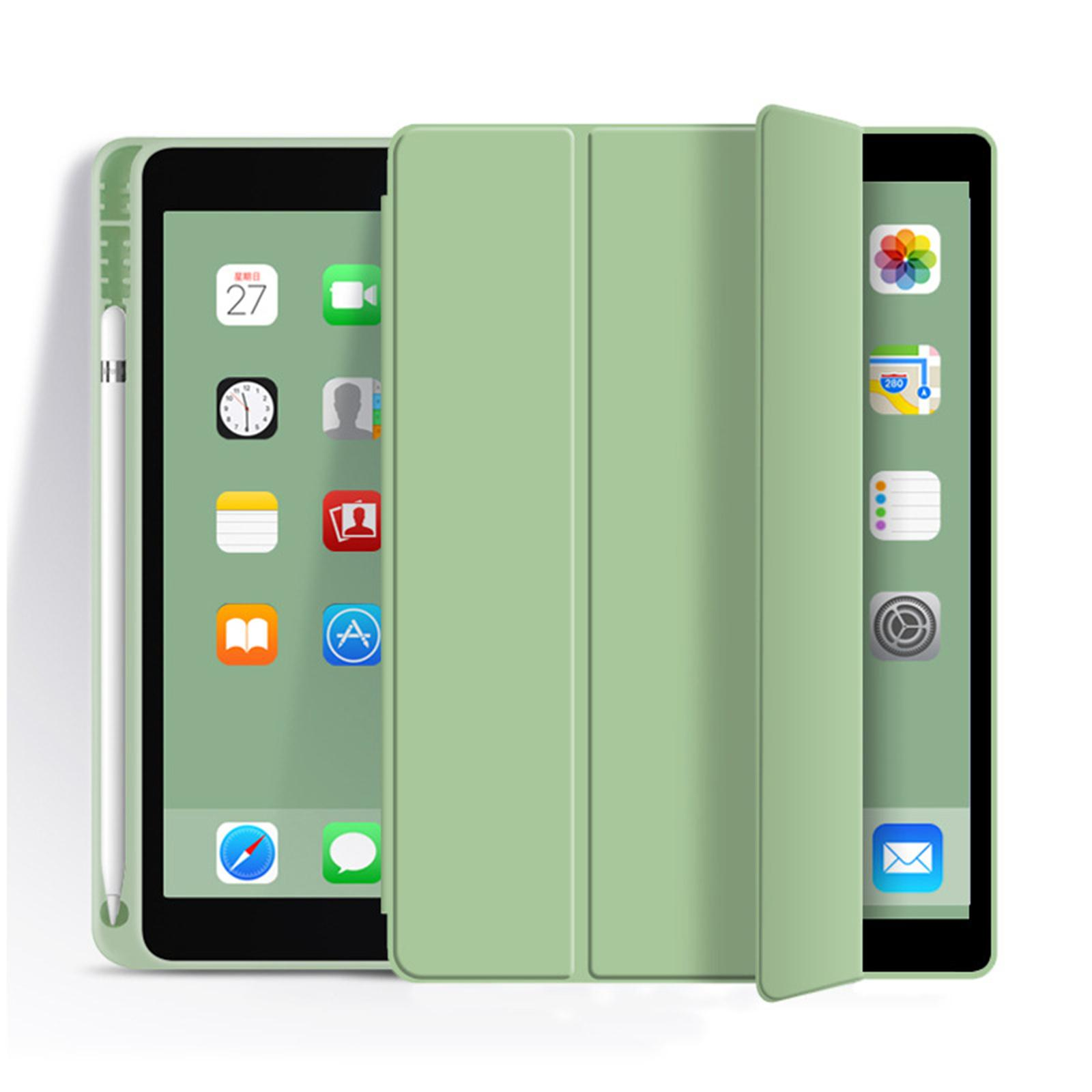Ein iPad in einem grünen Gehäuse. Das Gehäuse ist geöffnet und zeigt den Bildschirm mit App-Symbolen. Ein Stift ist sichtbar.