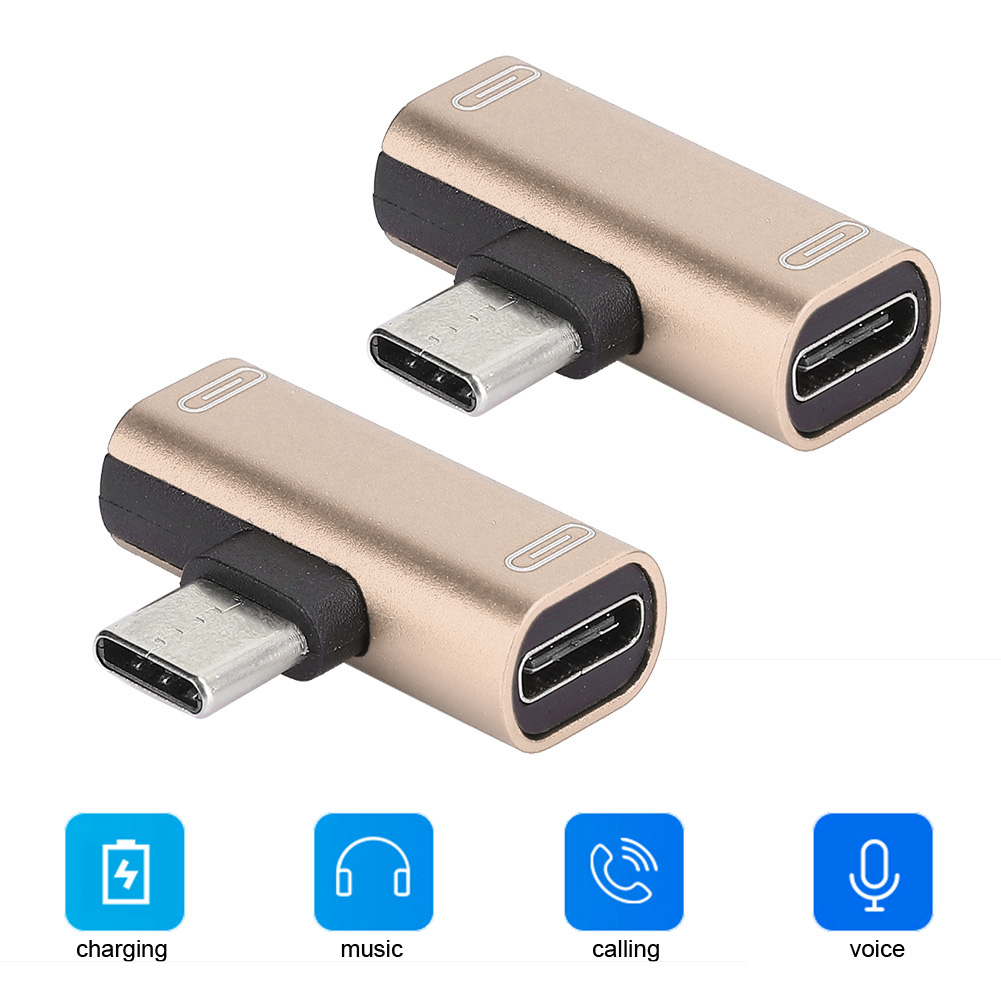 Zwei goldene USB-C-Adapter mit USB-C-Anschluss und -Stecker. Symbole für Laden, Musik, Anrufen und Stimme.