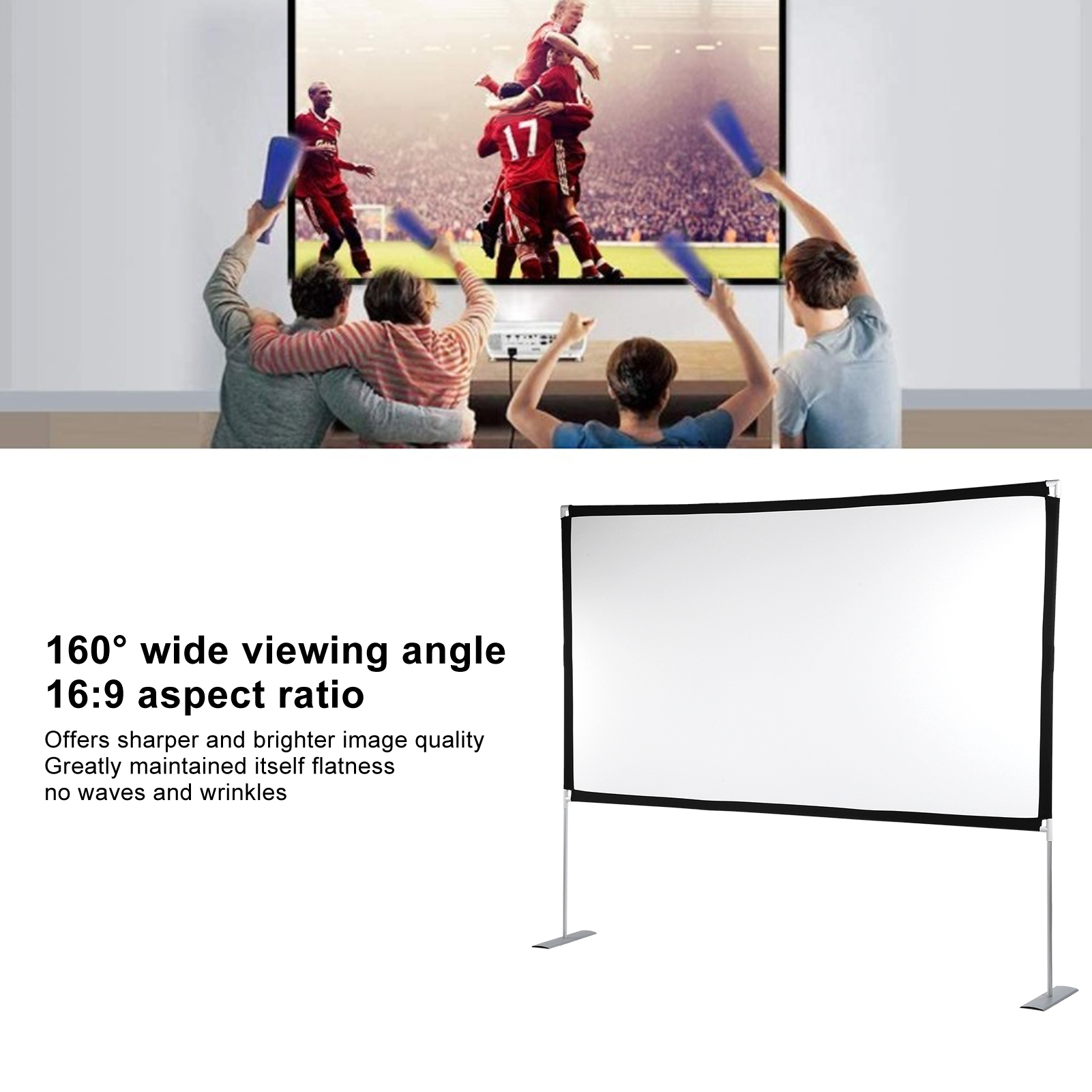 Eine Projektorleinwand mit Text und Personen, die einen Film ansehen. Eine weiße Leinwand und Menschen, die einen Film genießen.