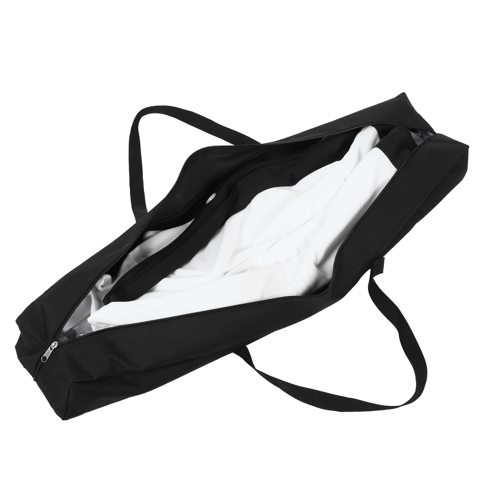Geöffnete schwarze Tasche mit weißem und schwarzem Stoff. Reißverschluss und Griffe sichtbar.