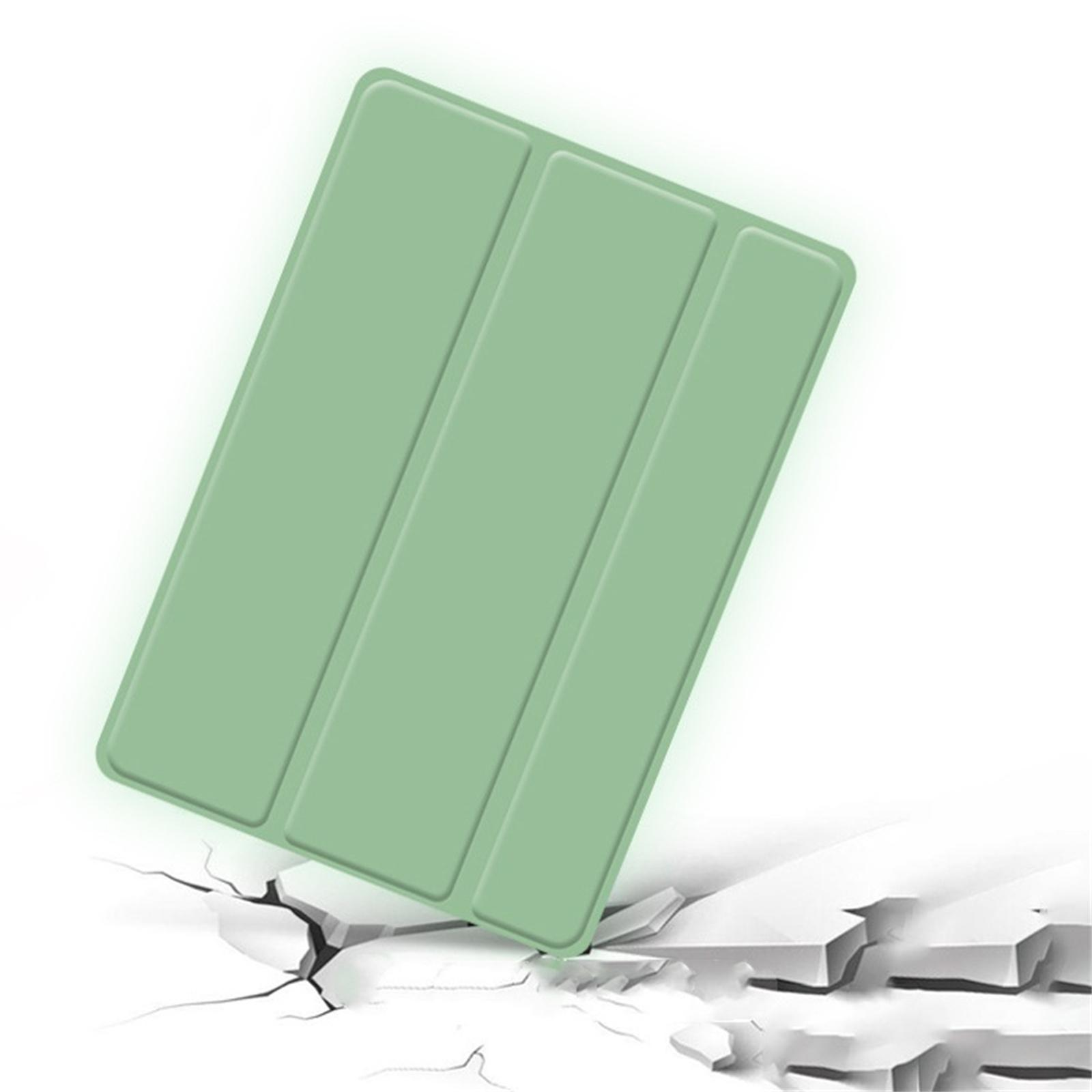 Eine grüne Tablet-Hülle auf weißer Oberfläche. Die Abdeckung ist gerissen.
