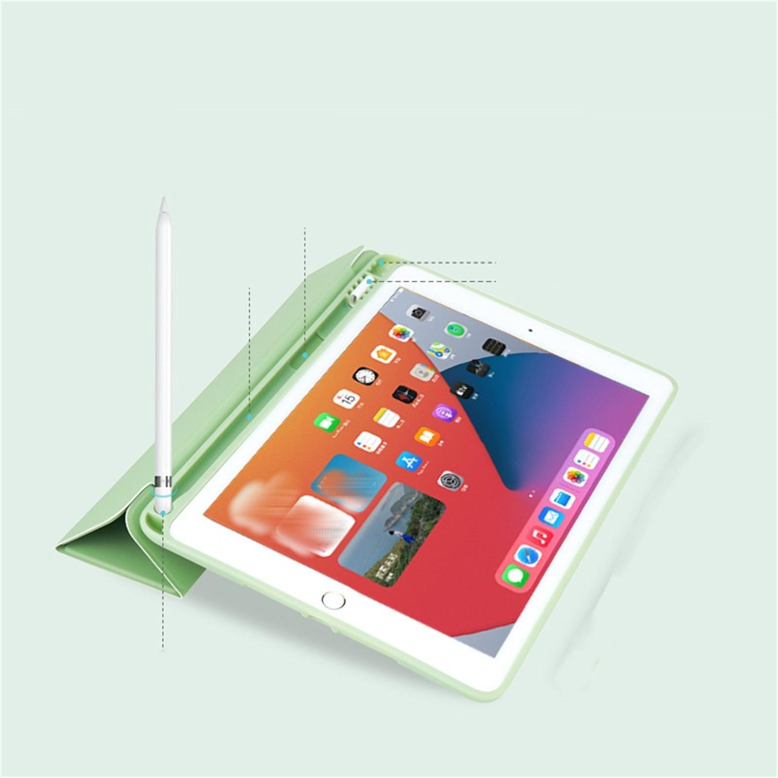 Grünes Tablet mit grüner Hülle und weißem Stift. Der Bildschirm zeigt Apps.