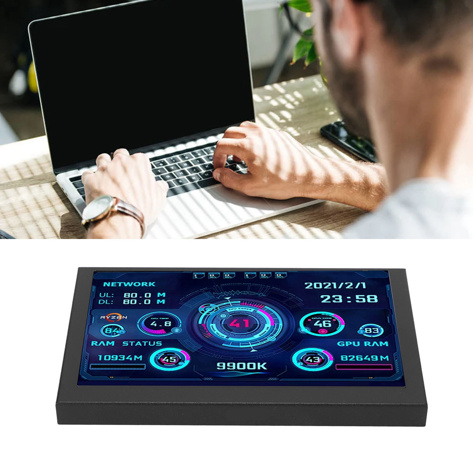 Person tippt auf Laptop mit Datenanzeige und einem weiteren Datendisplay.