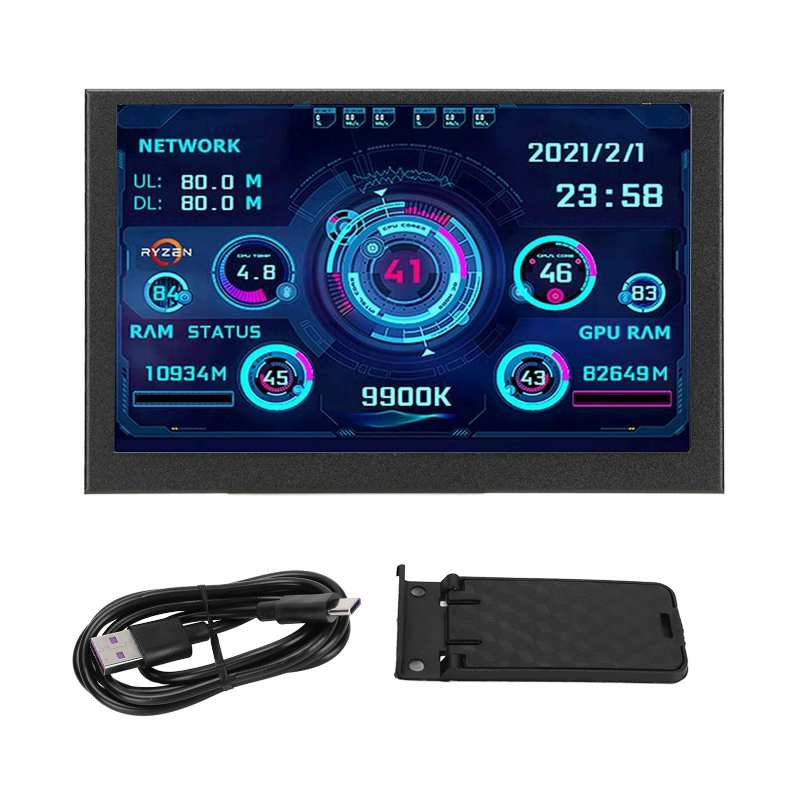 Schwarzes Display mit Daten, USB-Kabel und Ständer auf weißem Hintergrund.