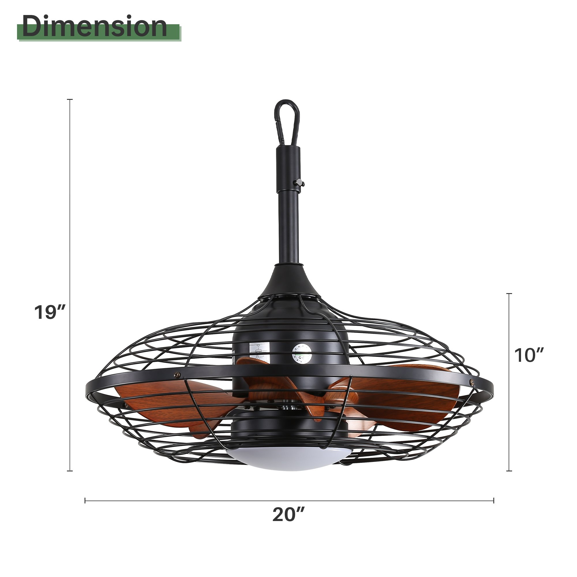 Deckenventilator mit schwarzem Metallkäfig und Holzflügeln. Die Abmessungen betragen 19x20x10 Zoll.