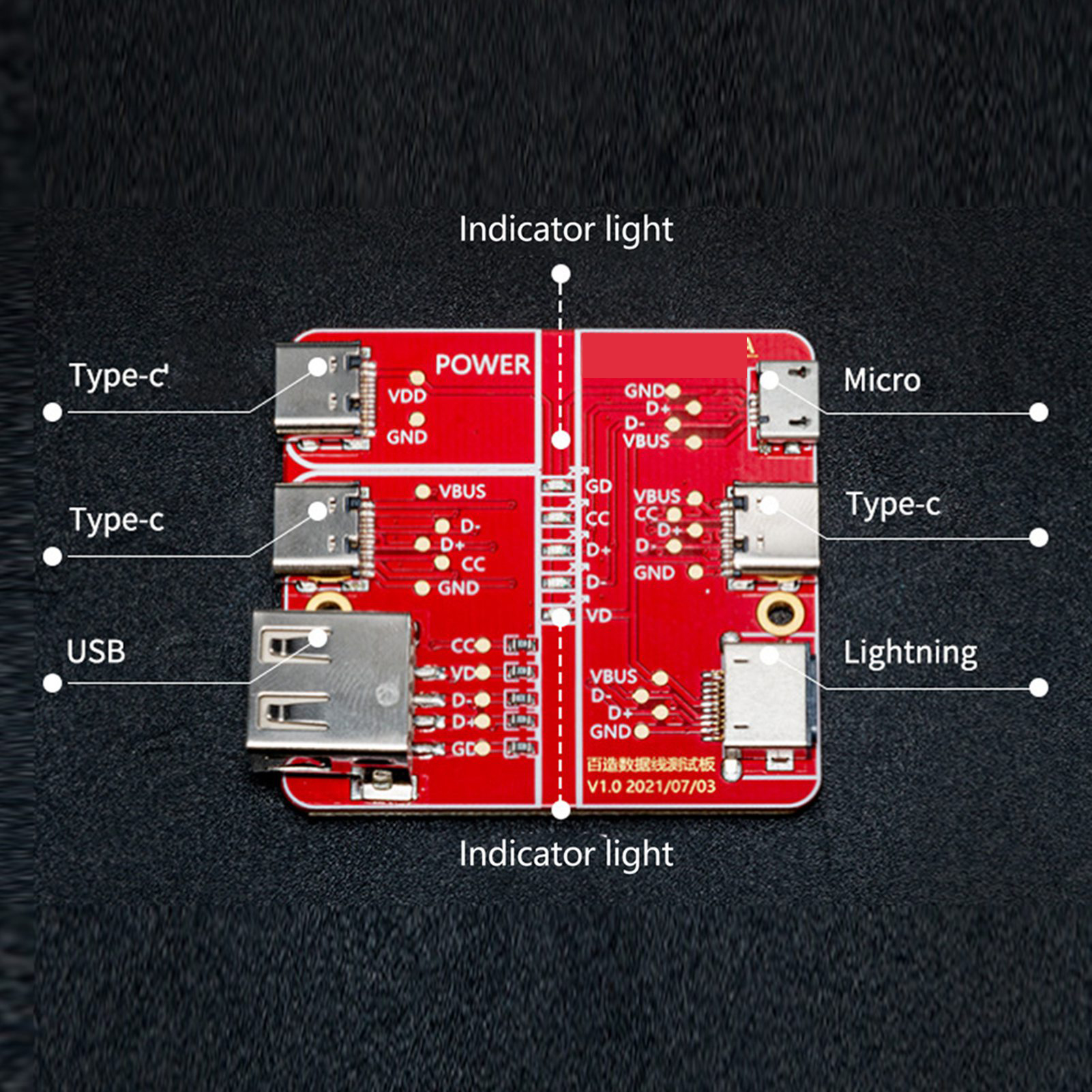 Rote Platine mit verschiedenen beschrifteten Anschlüssen. Enthält Typ-C-, USB-, Micro- und Lightning-Anschlüsse.