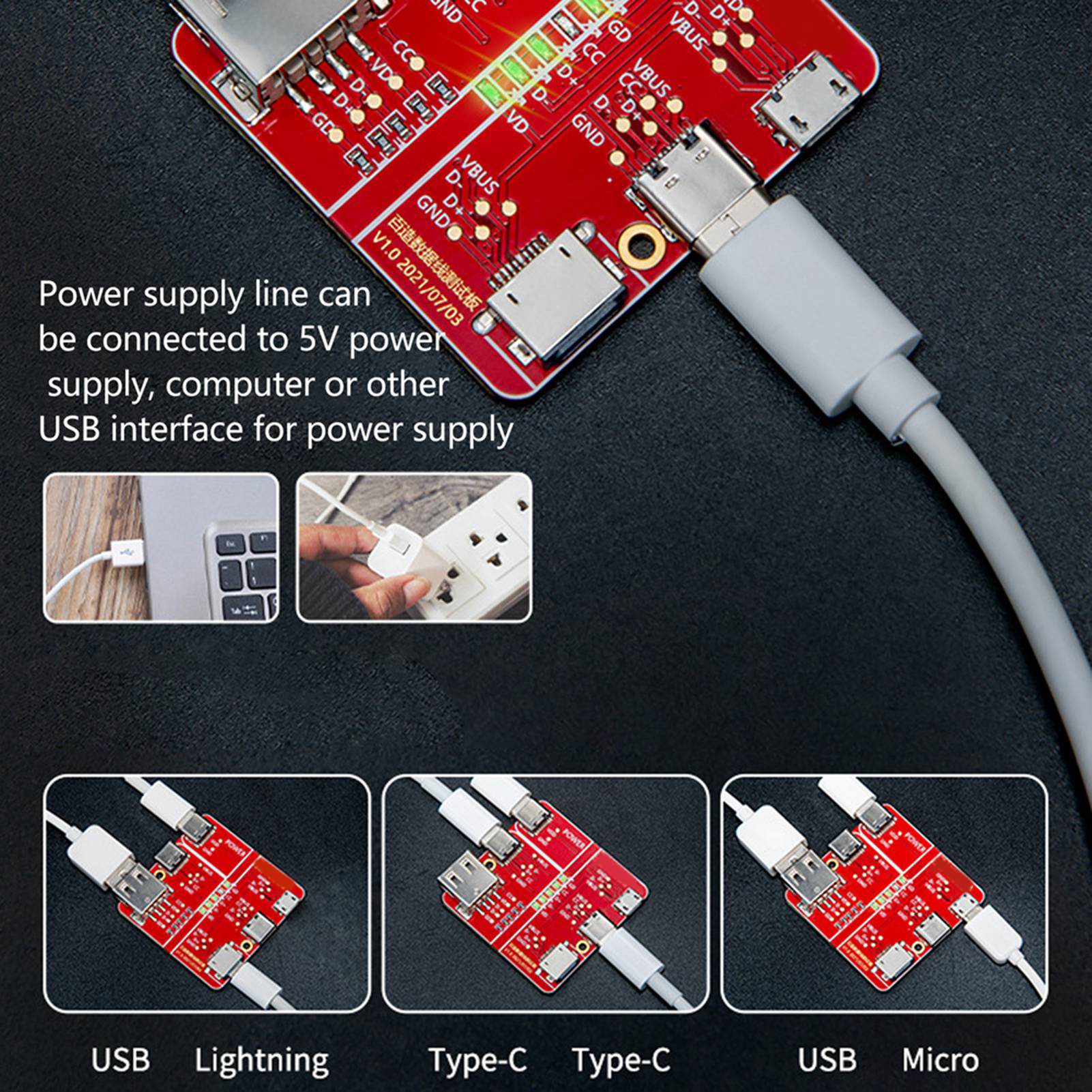Rote Leiterplatte mit verschiedenen Anschlüssen, einschließlich USB, Lightning und Type-C, mit Kabeln.
