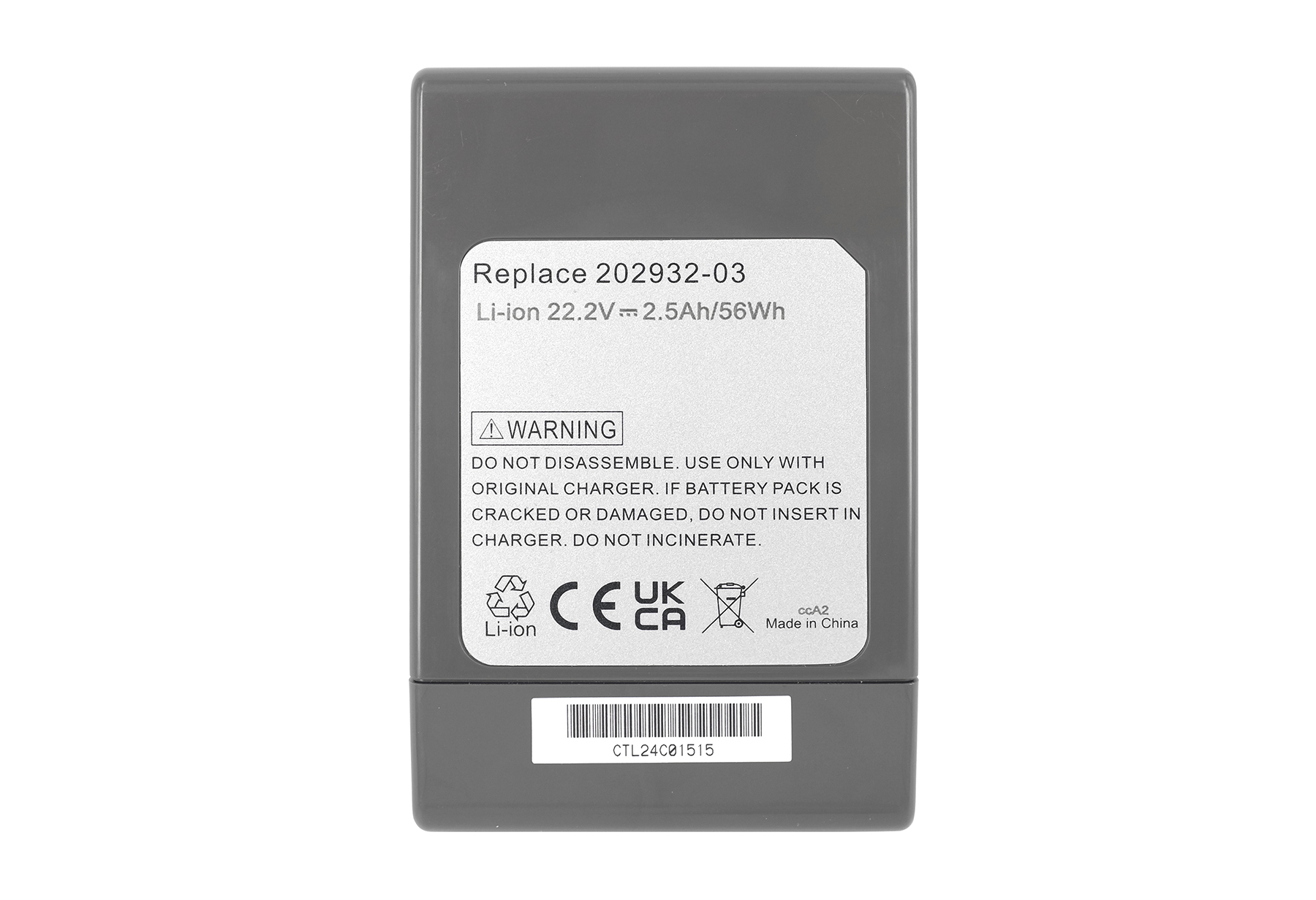Graue rechteckige Batterie mit Text. Weißer Hintergrund.