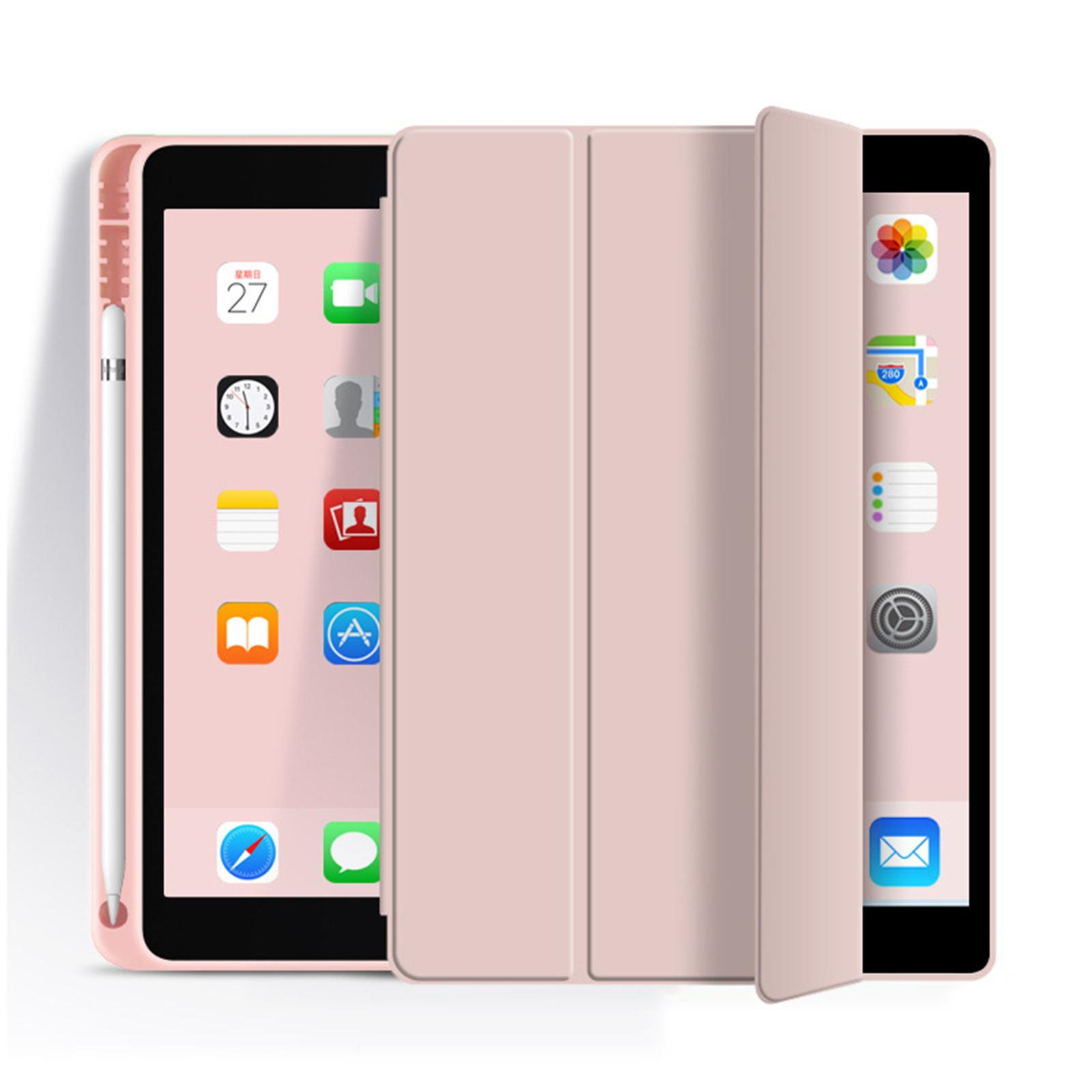 Ein rosafarbenes iPad mit Hülle und Stift wird mit geöffneter Abdeckung und Apps angezeigt.