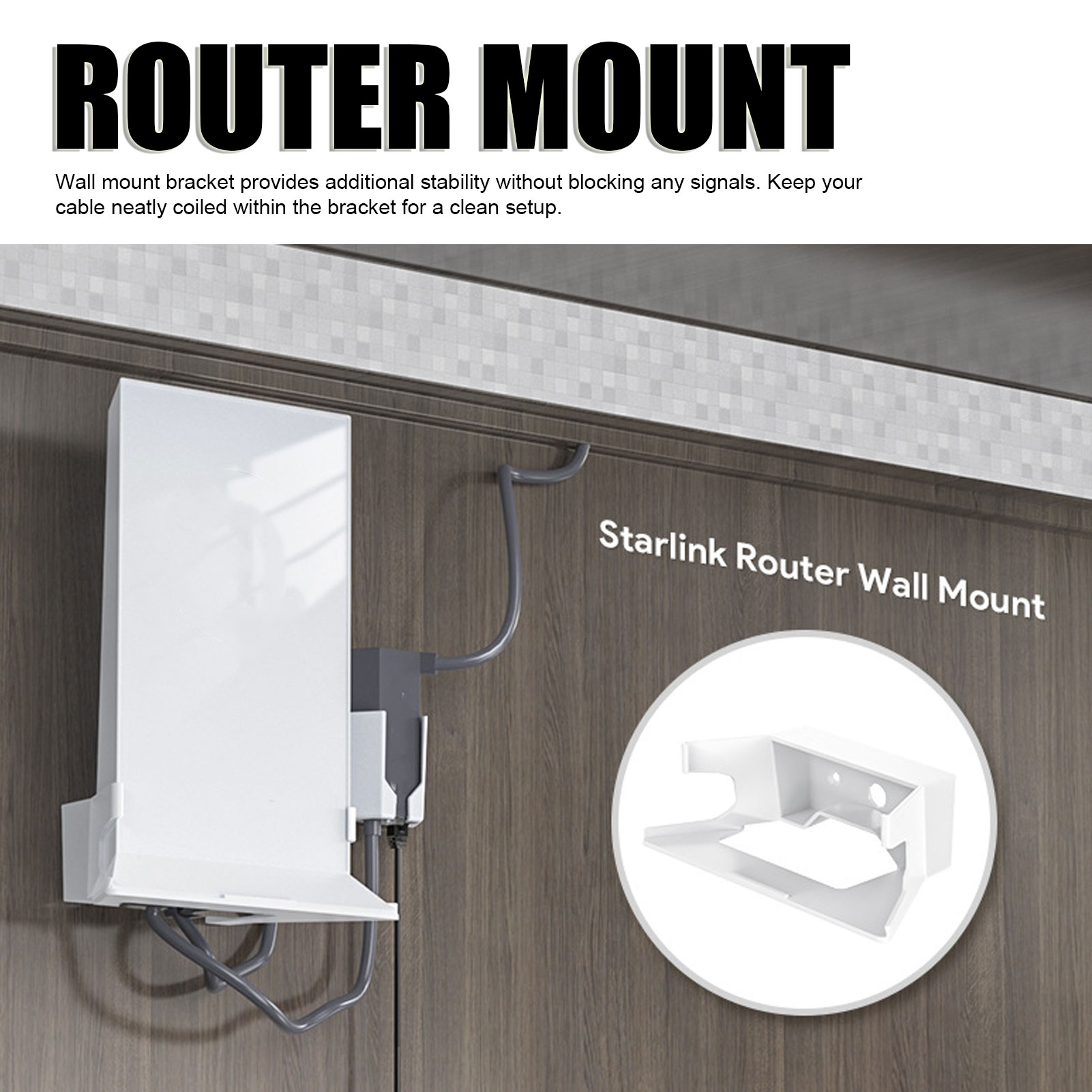 Weißer Router an einer Holzwand montiert. Text sagt 'ROUTER MOUNT' und 'Starlink Router Wall Mount'.