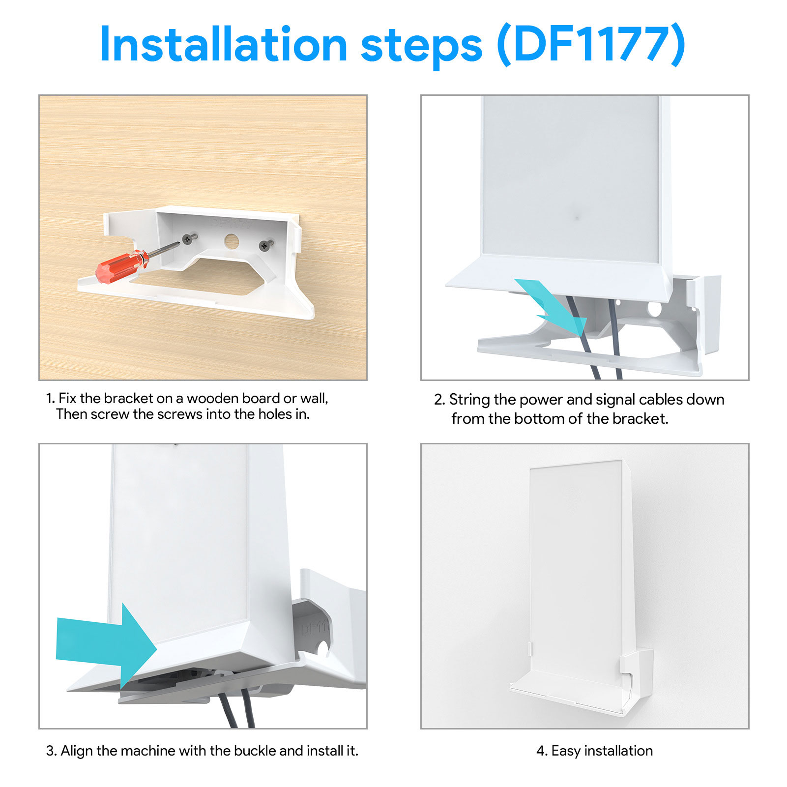 Installationsschritte: Halterung an der Wand, Schrauben einführen, Kabel verlegen, Maschine ausrichten.
