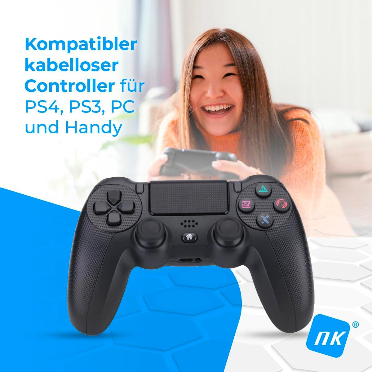 Frau hält einen schwarzen Gamecontroller. Text sagt 'Kompatibler kabelloser Controller für PS4, PS3, PC und Handy'.