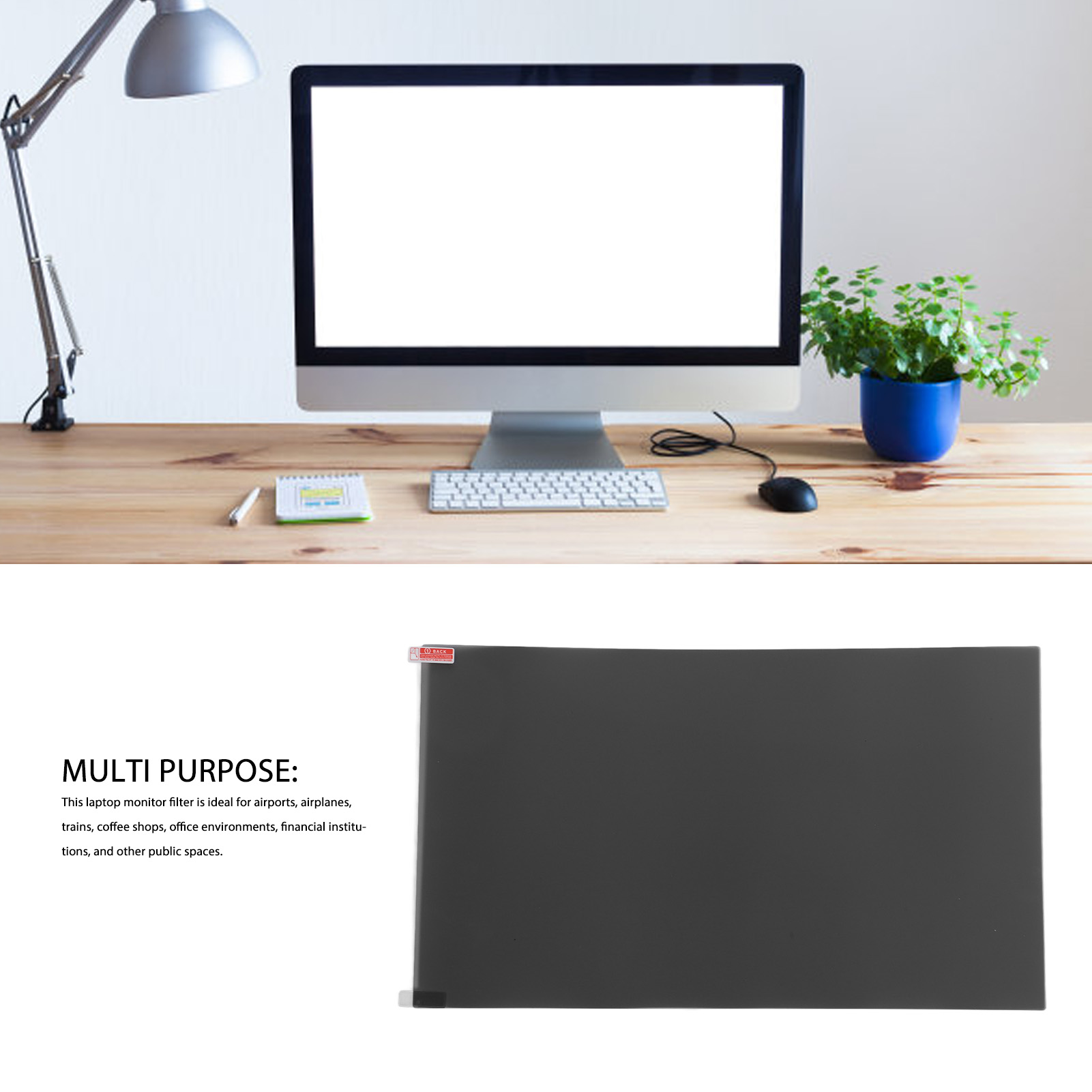 Ein Computerbildschirm mit einem Monitorfilter und einer Holztischumgebung.