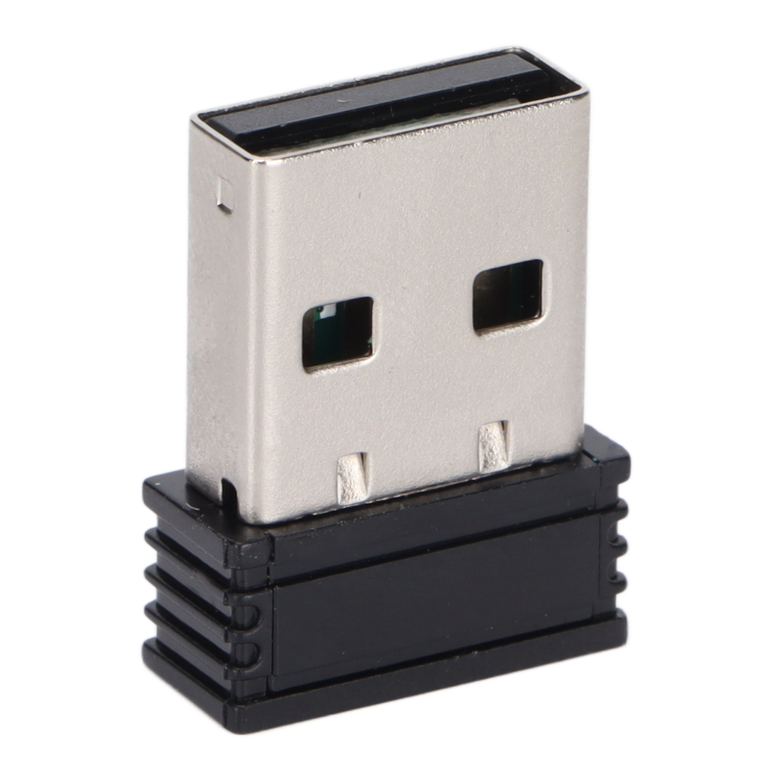 Silber-schwarzer USB-Adapter. Schwarzer Stecker unten und rechteckiger Kopf.