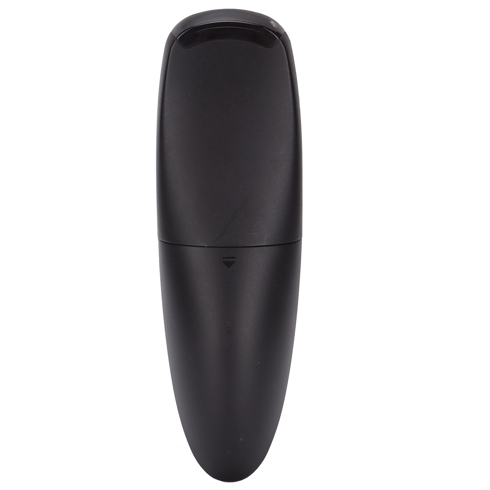 Schwarze Fernbedienung, oval geformt, mit einem kleinen Pfeil unten.