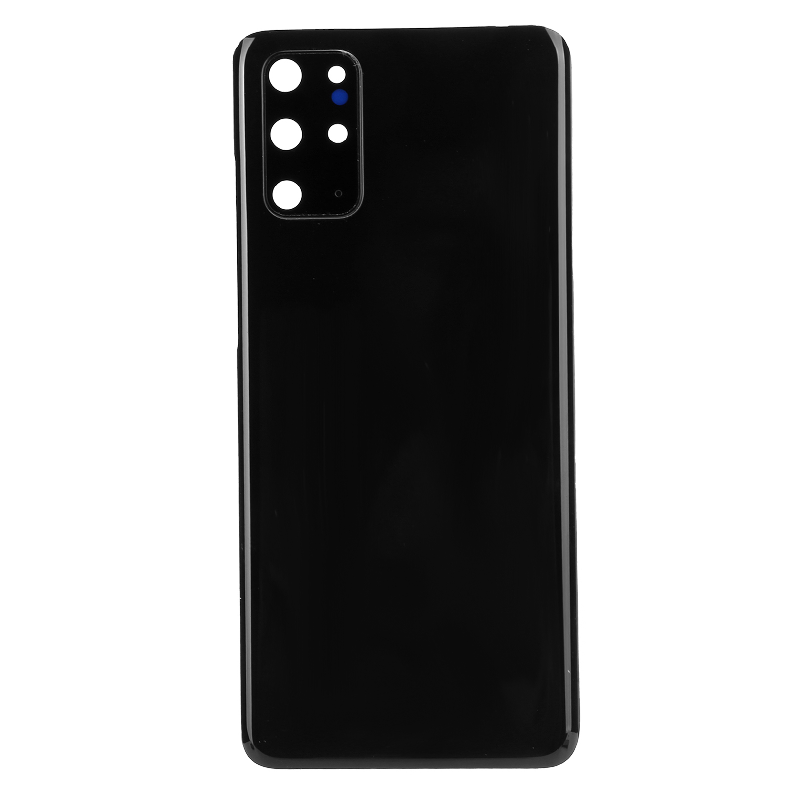 Schwarze Handy-Rückseite mit Kameramodul mit mehreren Linsen. Weißer Hintergrund.