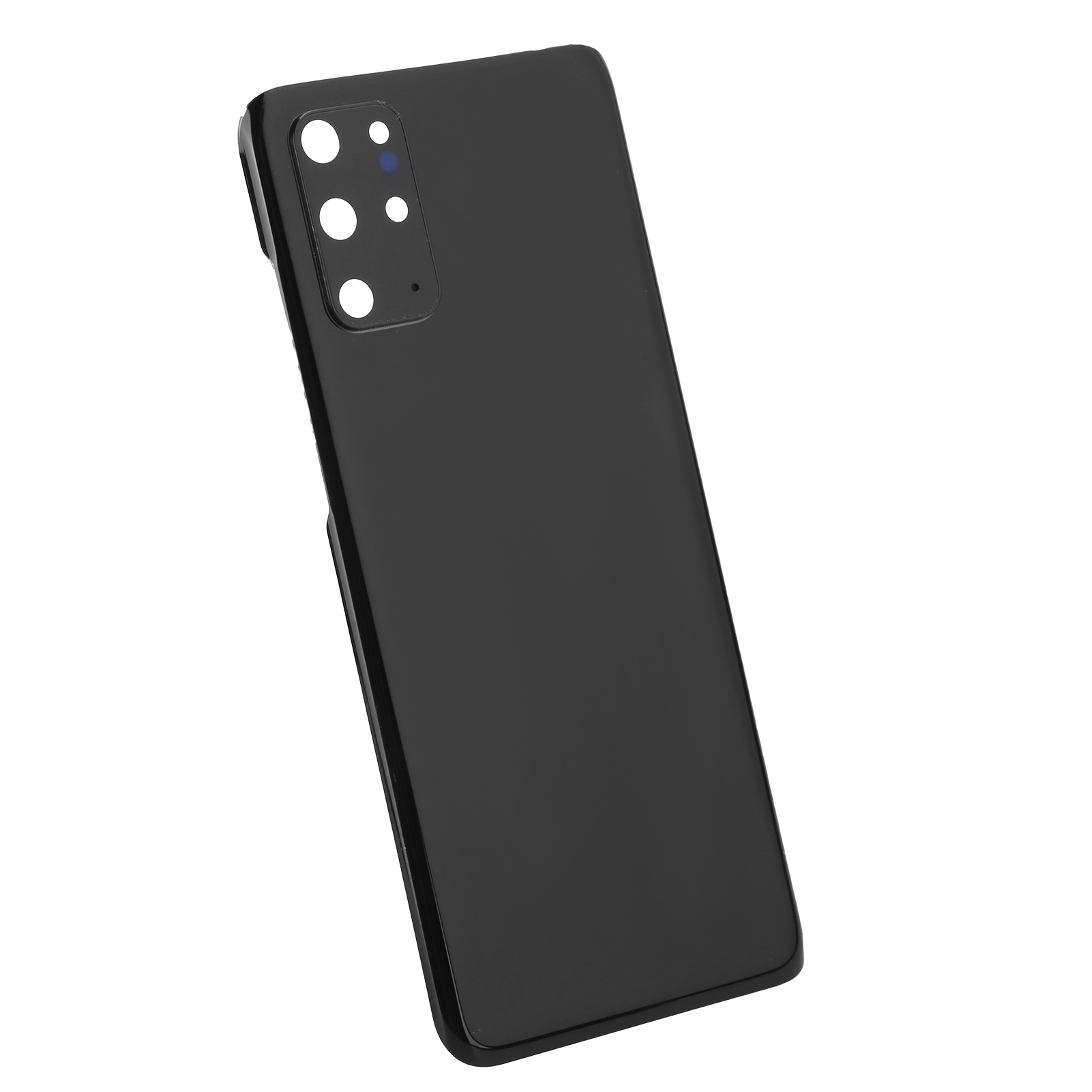 Schwarze Handy-Rückseite mit Kameramodul mit drei Linsen und zwei Löchern. Weißer Hintergrund.