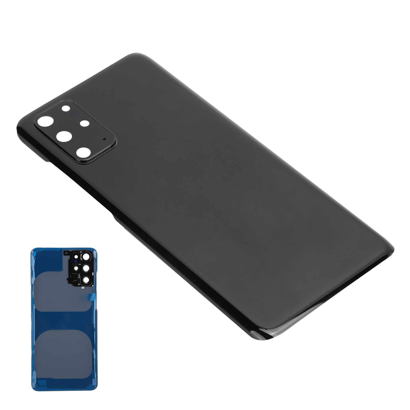 Schwarze Handy-Rückseite mit Kameramodul, zweiteilig. Blaue Schutzfolie. Weißer Hintergrund.