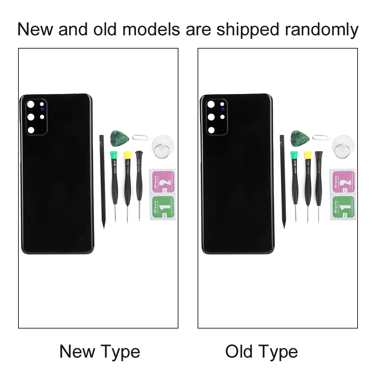 Vergleich von zwei schwarzen Handy-Rückseiten, der den Designunterschied und die Werkzeuge zeigt.