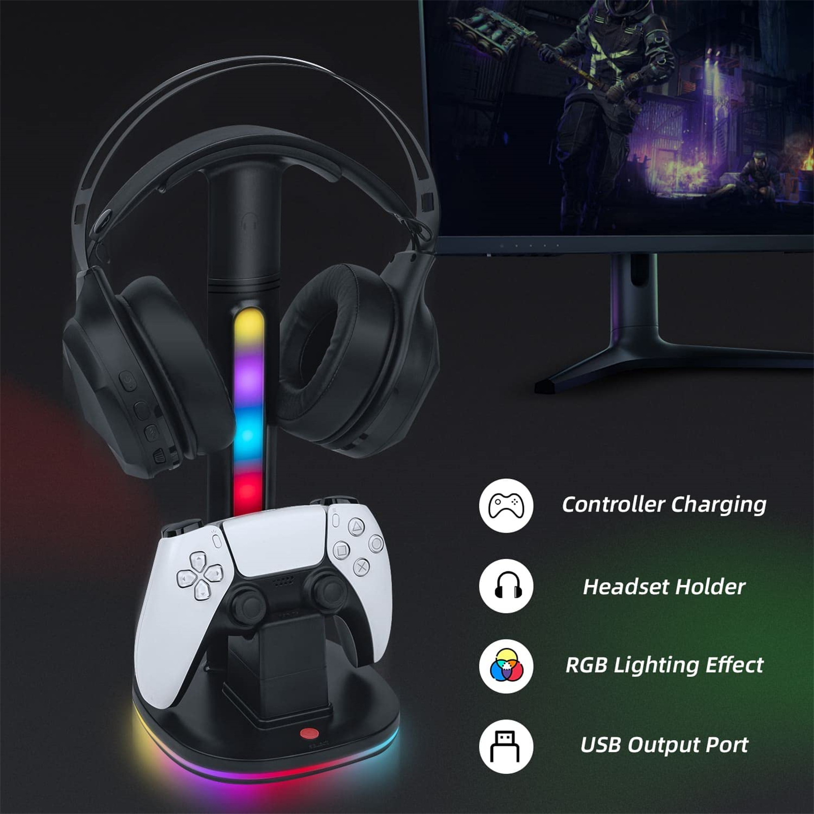 Gaming-Headset- und Controller-Ständer mit RGB-Beleuchtungseffekten. Weißer Controller und Headset.