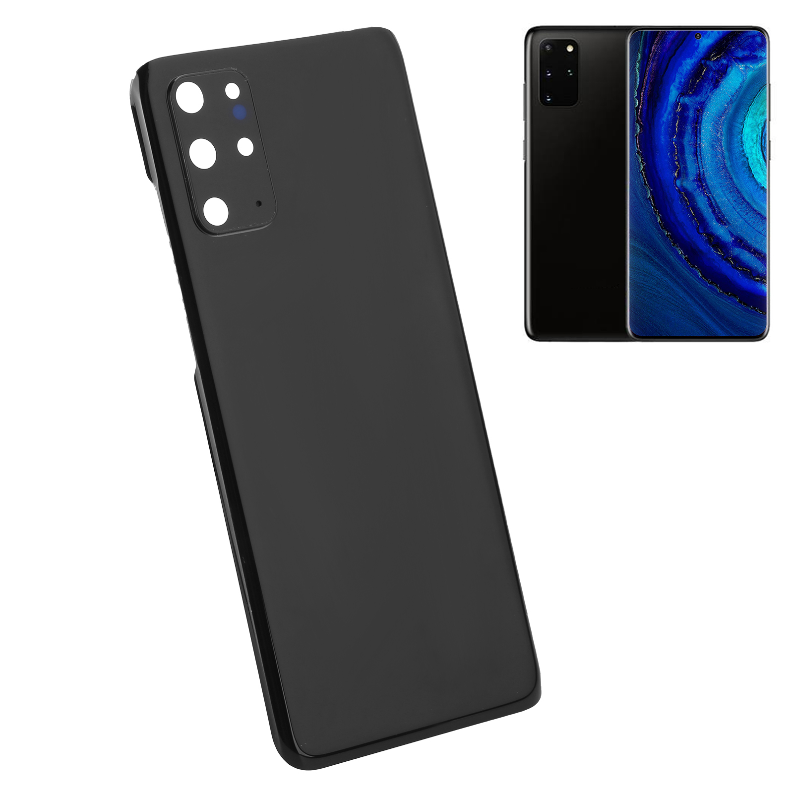 Schwarze Handy-Rückseite mit sichtbarem Kamerabereich, vor weißem Hintergrund.