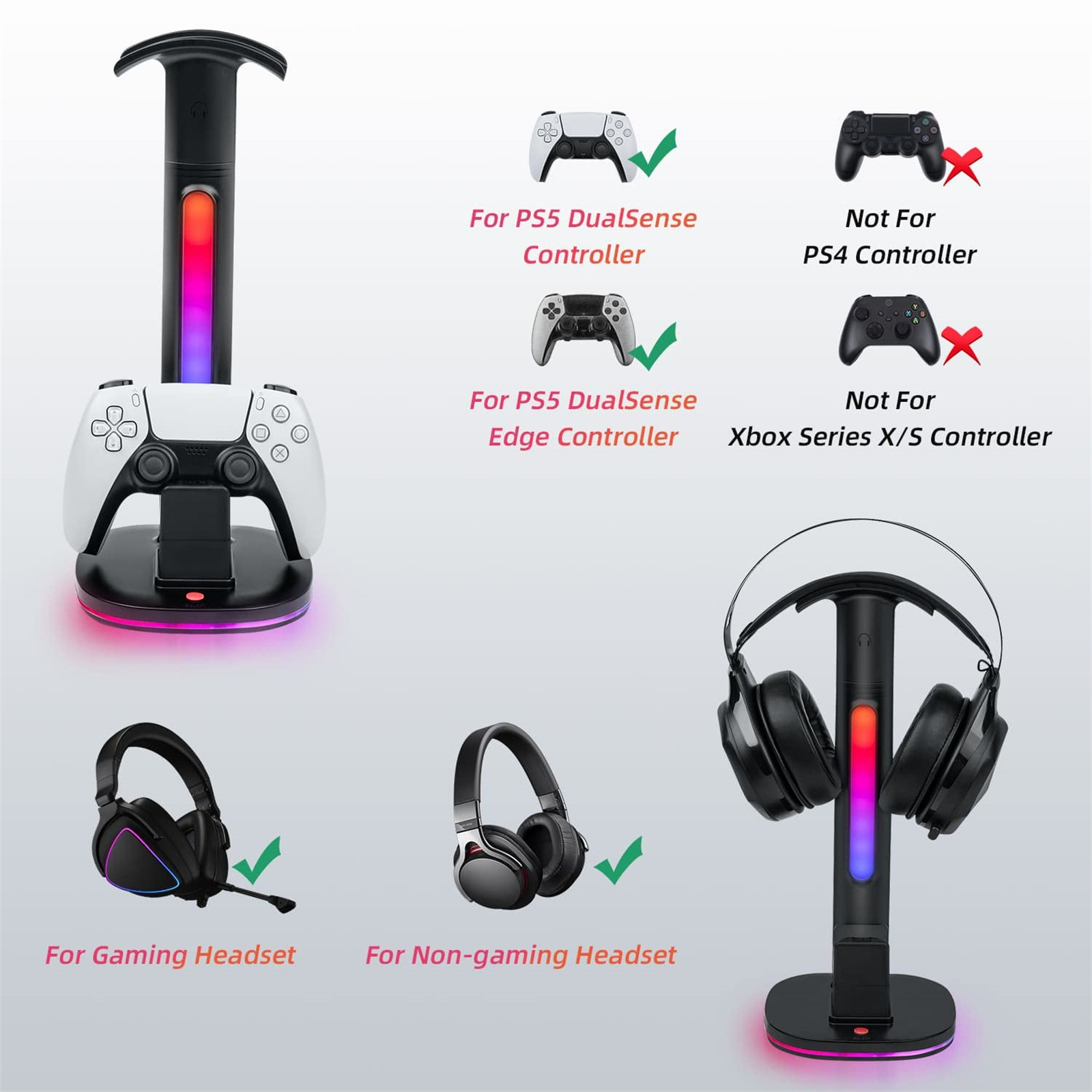 Gaming-Headset- und Controller-Ständer mit Beispielen. Zeigt Controller- und Headset-Kompatibilität.