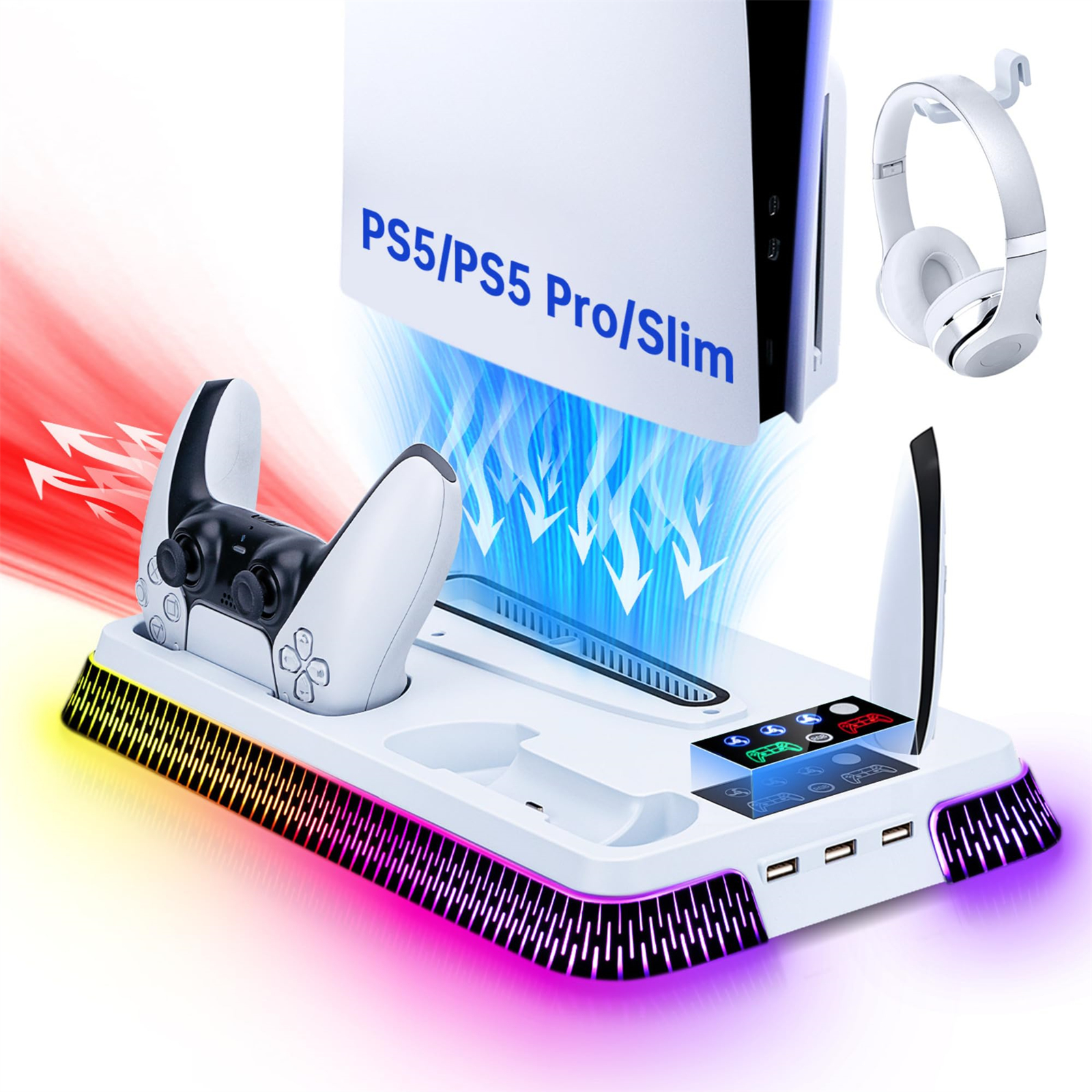 Weißer Ladeständer für PS5 mit weißem Controller und Kopfhörern. Mit farbigen Lichtern und USB-Anschlüssen.