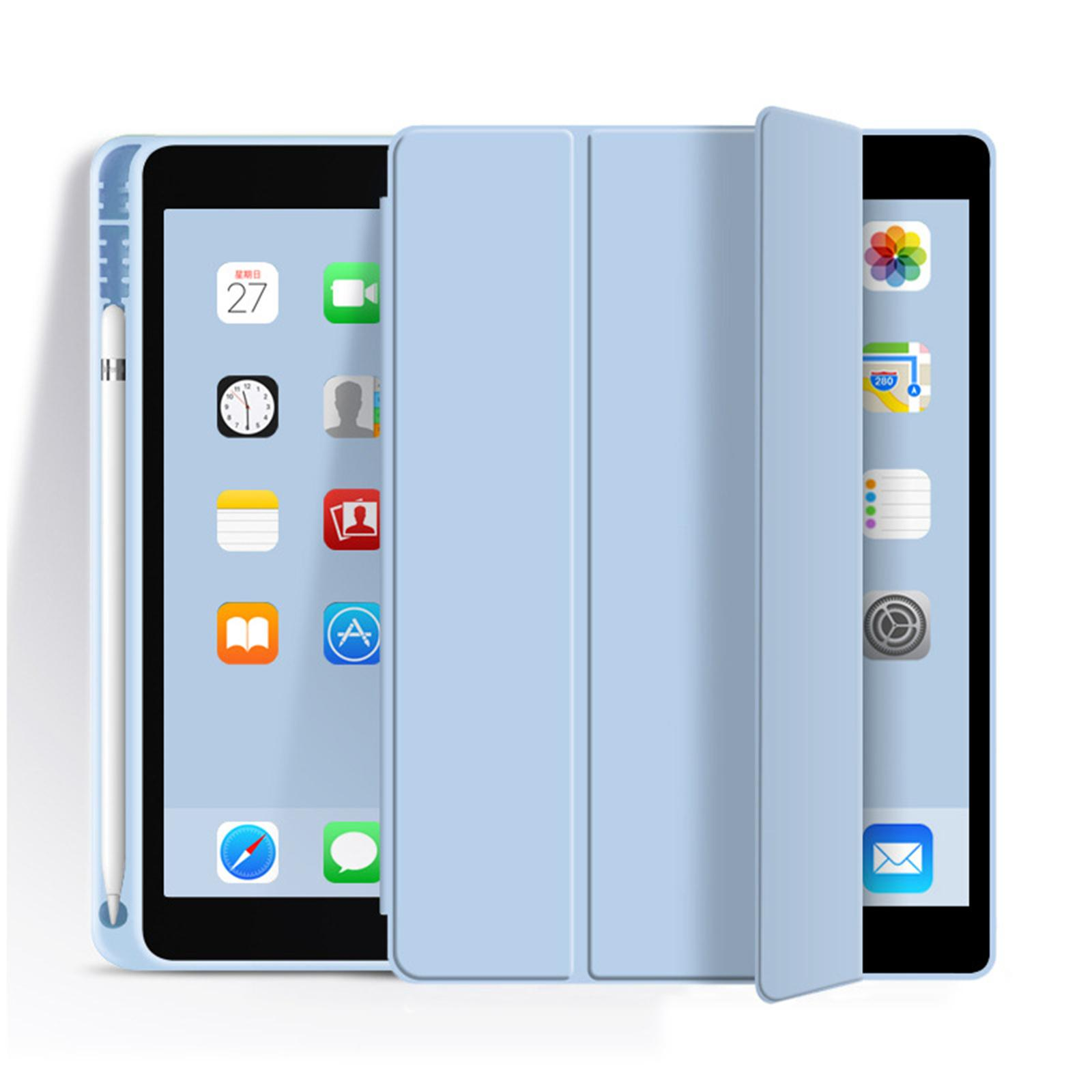 Eine blaue Tablet-Hülle mit hellblauer geöffneter Abdeckung, die den Bildschirm mit Symbolen zeigt.