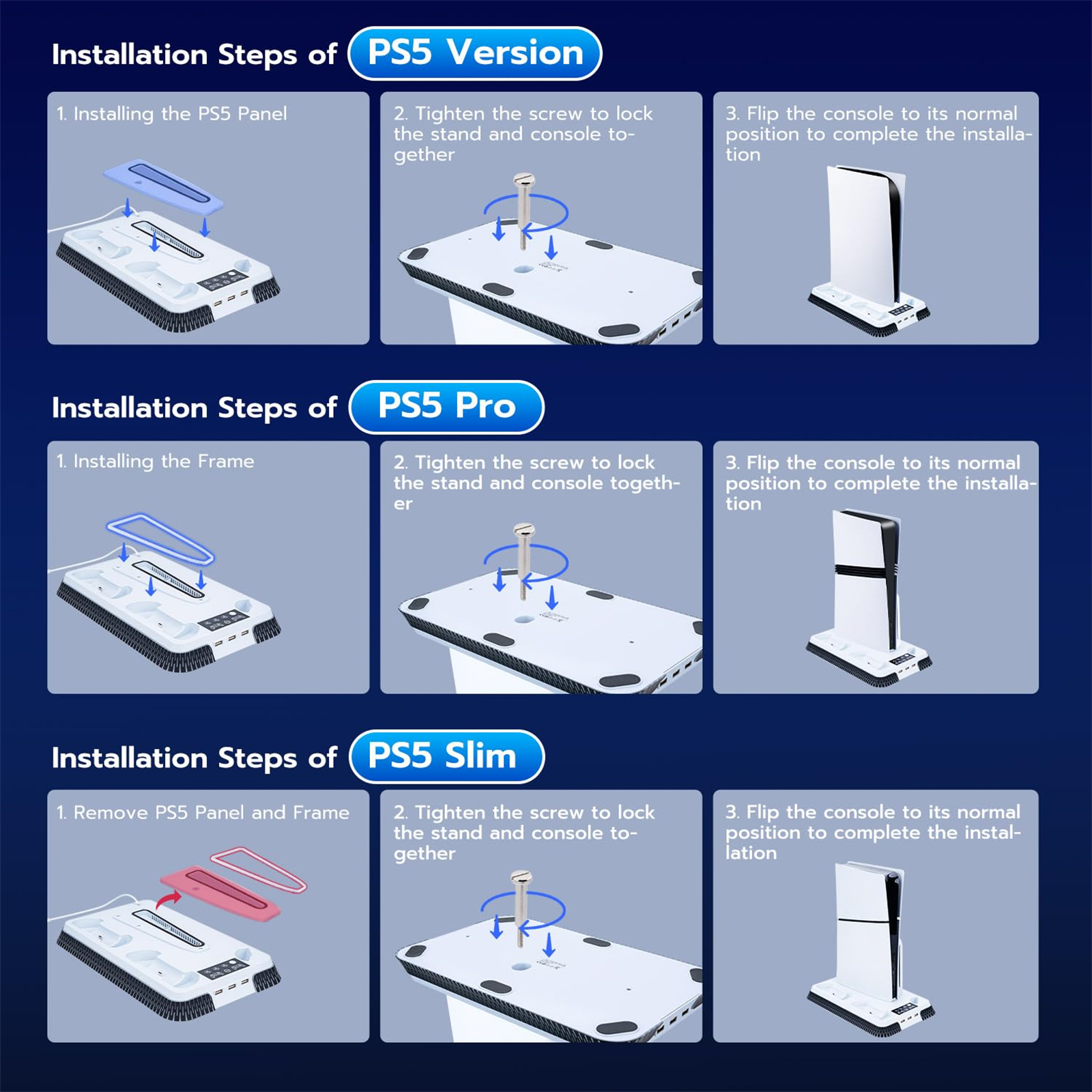 Installationsschritte für PS5-Modelle. Diagramme zeigen, wie die Konsole mit dem Kühlständer zusammengebaut wird.