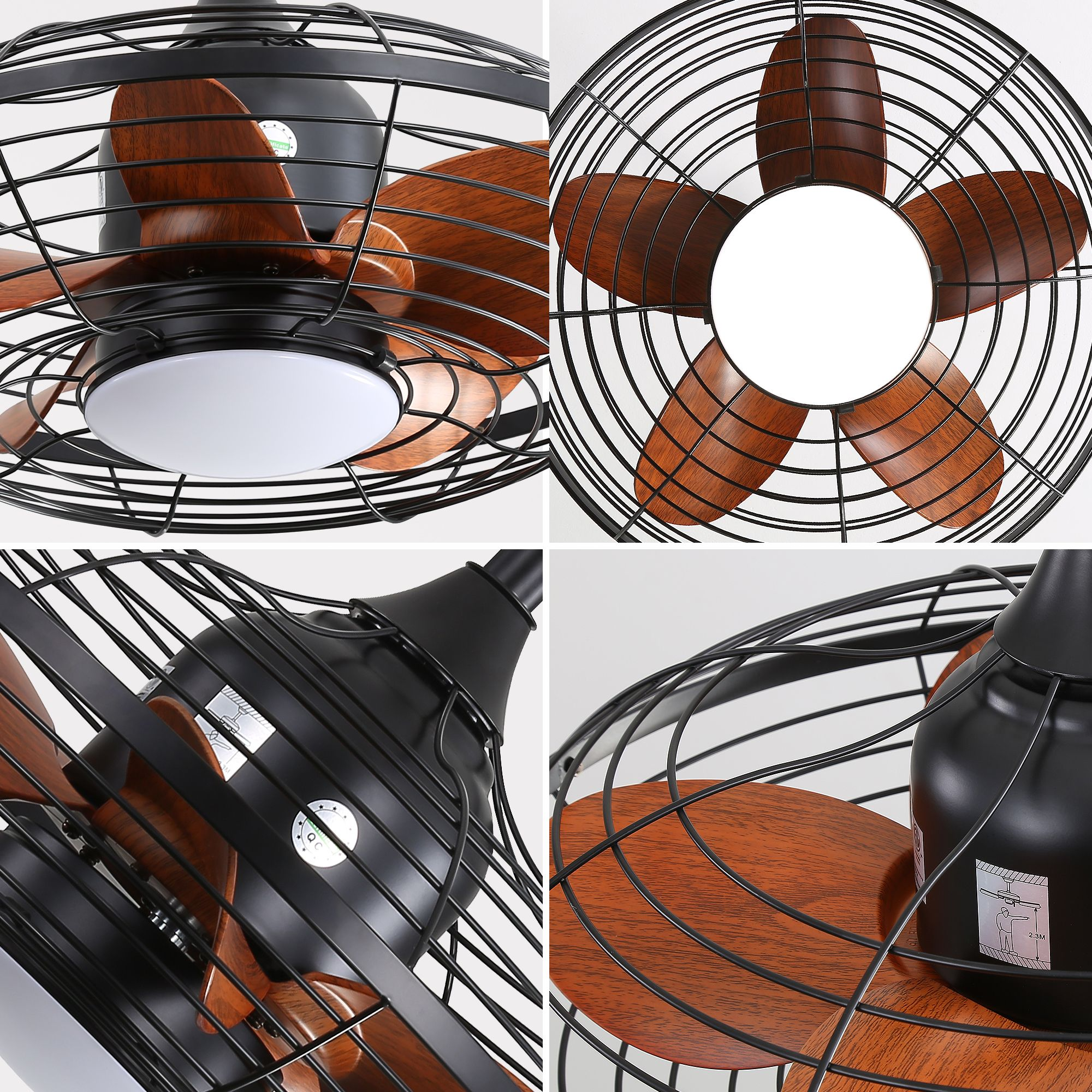 Nahaufnahmen eines schwarzen Deckenventilators mit Holzflügeln. Details der Struktur des Ventilators sind sichtbar.