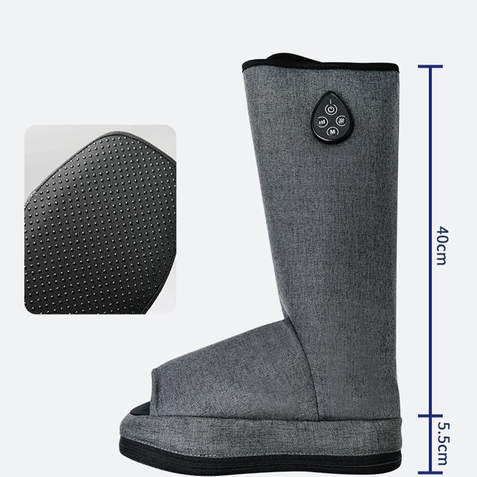 Grauer Beinmassage-Stiefel mit den Maßen 40 cm hoch und 5,5 cm Basis. Schwarze Basis und Bedienfeld an der Seite.