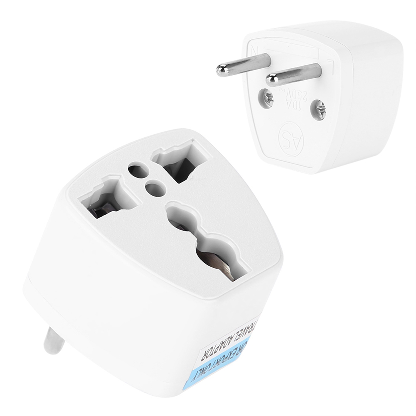 Zwei weiße Netzadapter, einer mit Stiften, der andere mit Schlitzen.