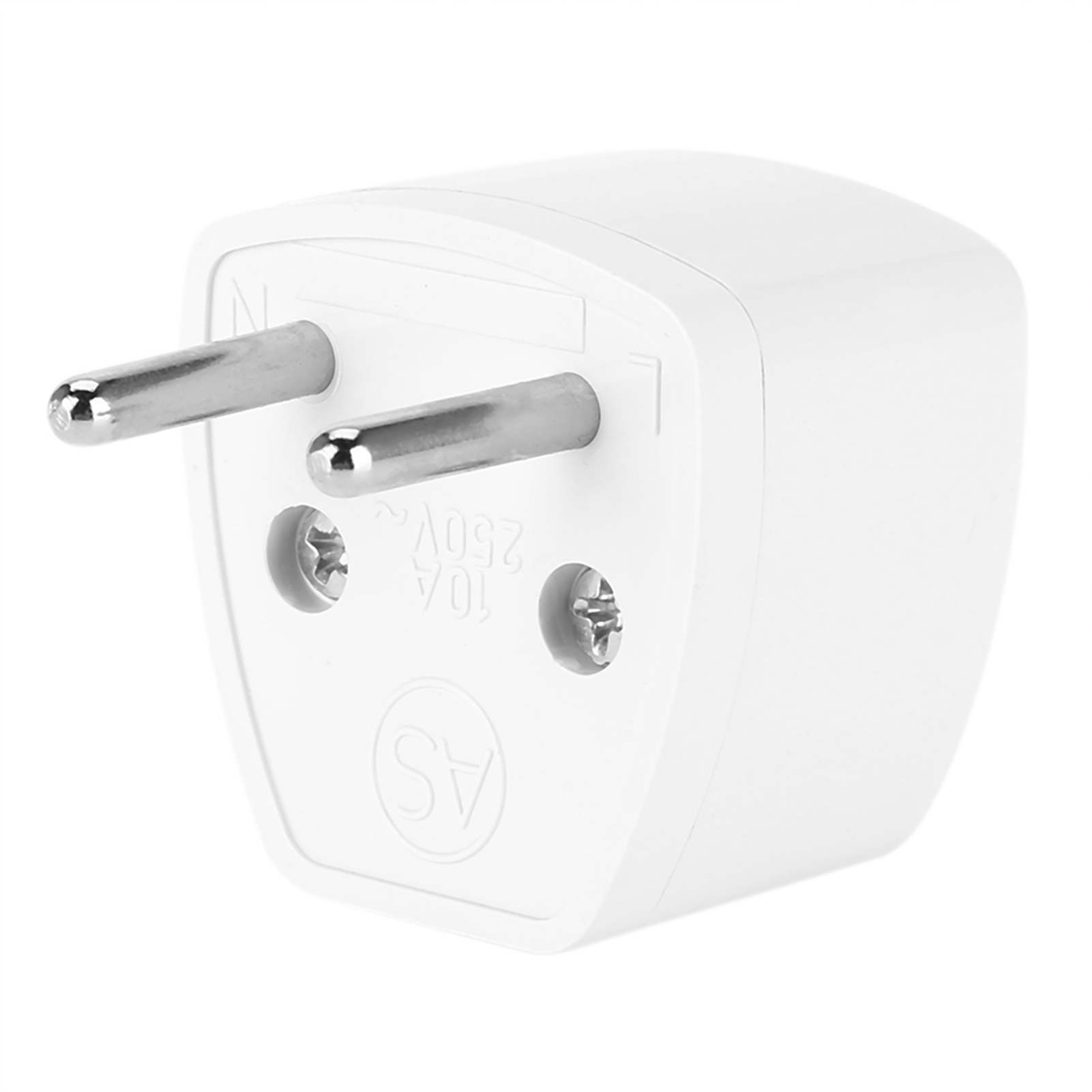 Weißer Netzadapter mit zwei Stiften und Markierungen.