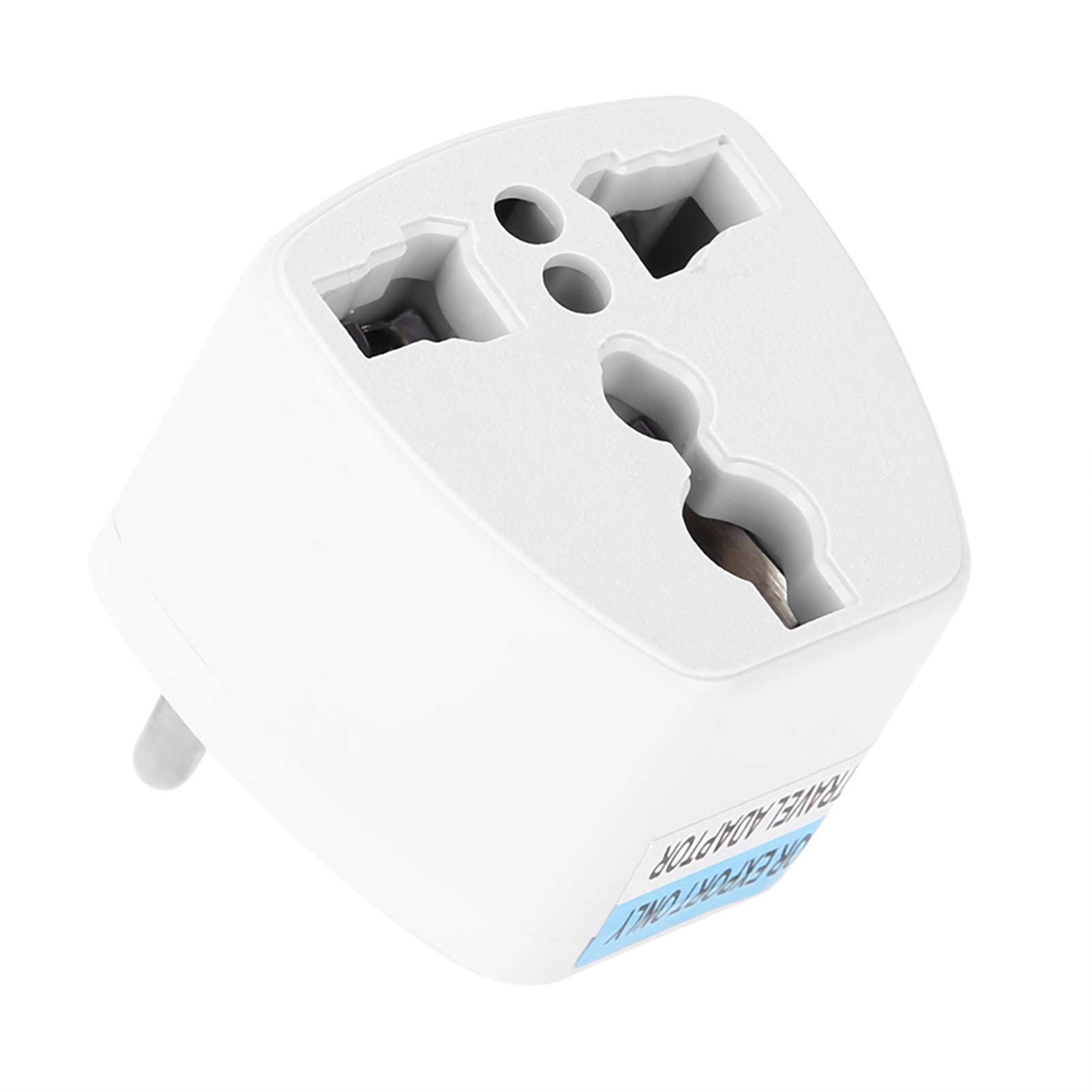 Weißer Reiseadapter mit mehreren Stecker-Konfigurationen. Blauer Text 'NUR FÜR DEN EXPORT REISEADAPTER'. Weißer Hintergrund.