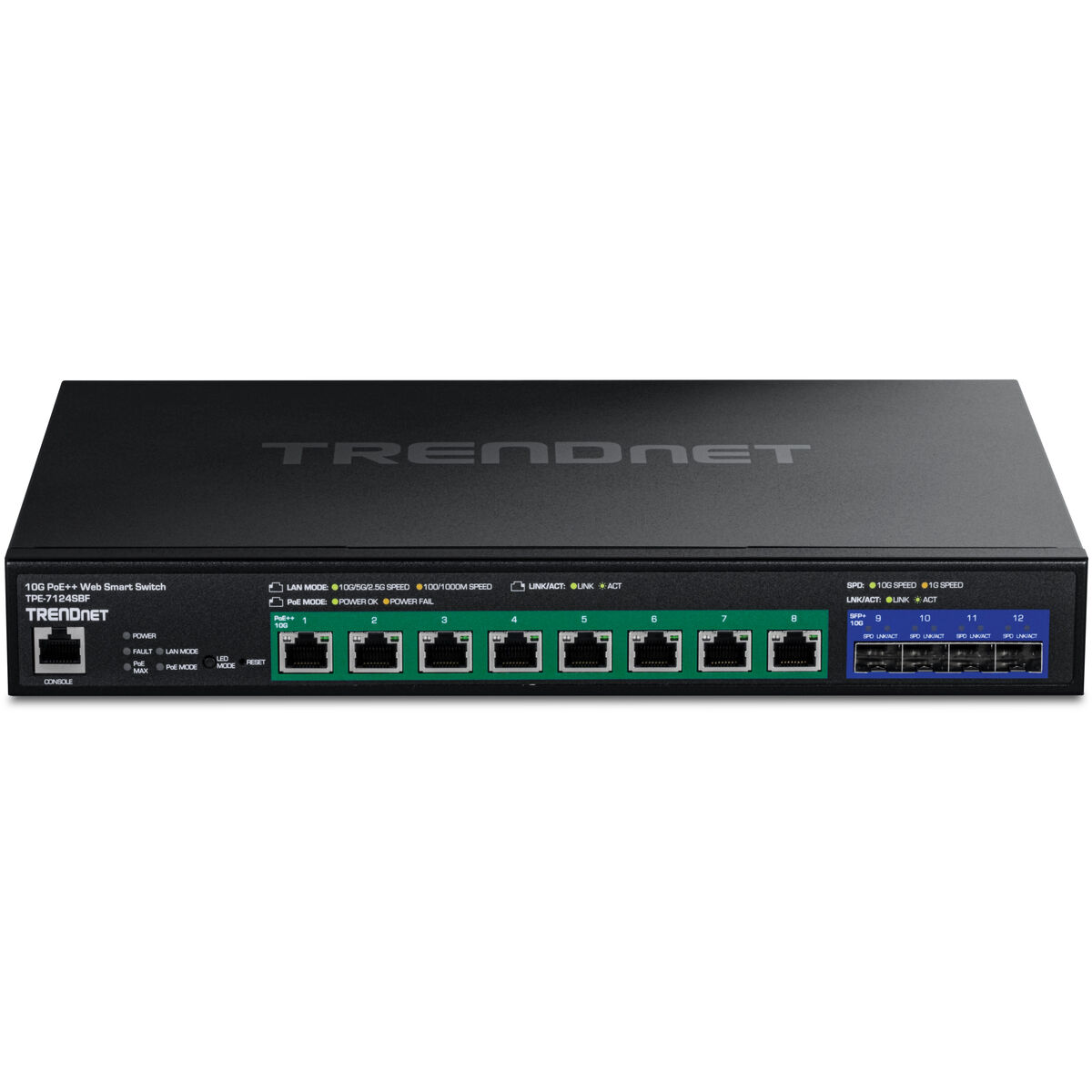Commutateur réseau TRENDnet noir avec plusieurs ports.