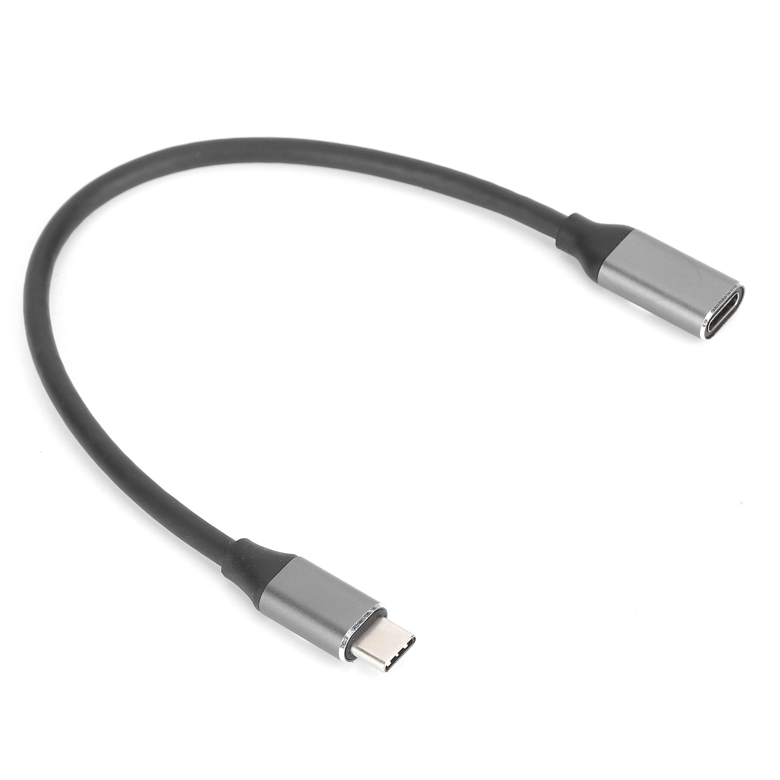 Schwarzes USB-C-zu-USB-C-Adapterkabel. Graue Anschlüsse an beiden Enden. Weißer Hintergrund.