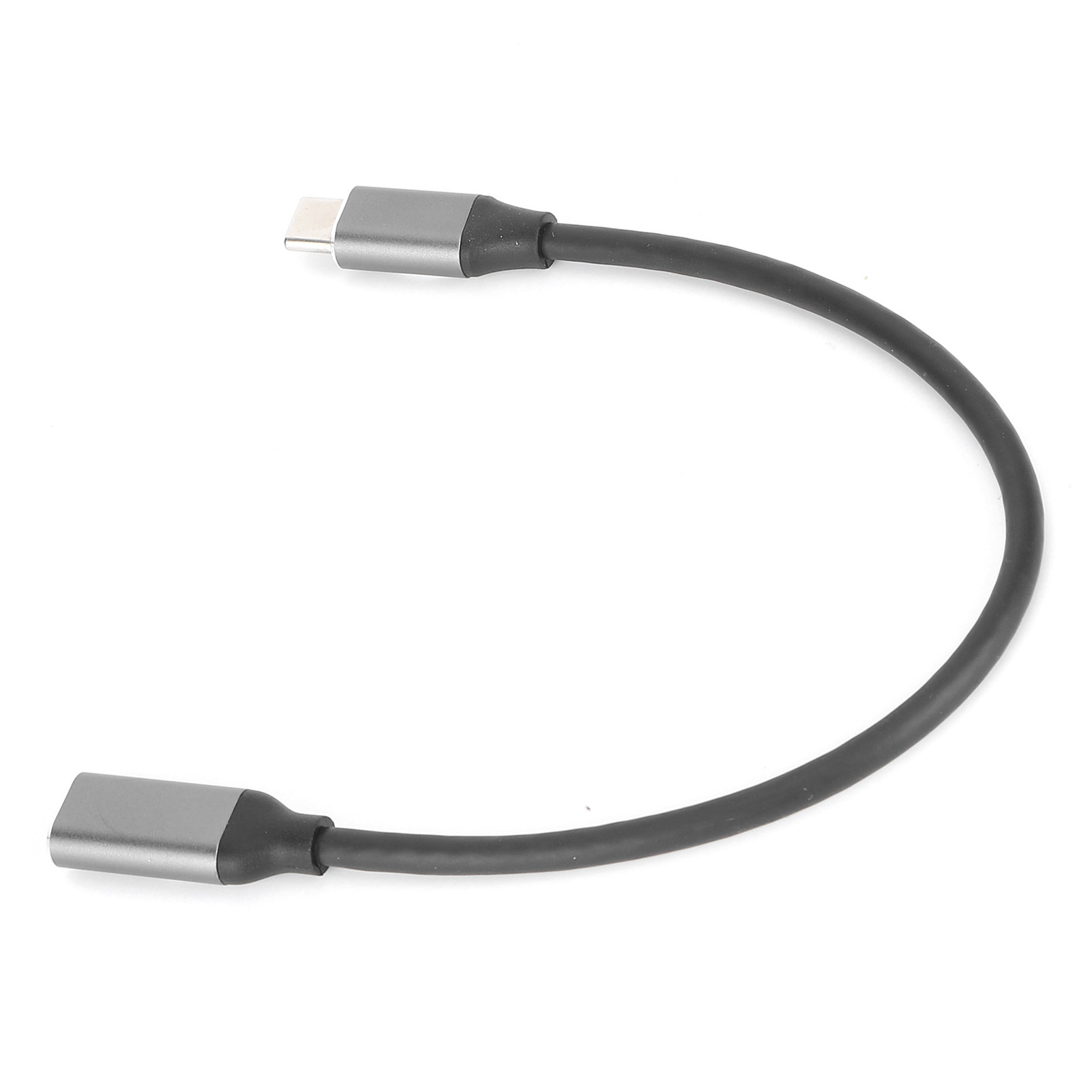Schwarzes USB-C-zu-USB-C-Adapterkabel. Graue Anschlüsse an beiden Enden. Weißer Hintergrund.