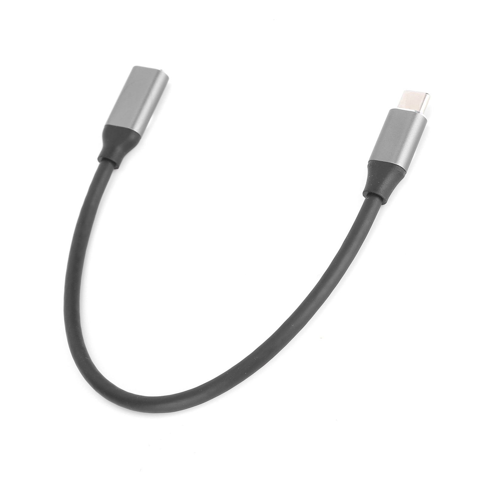 Ein schwarzer und grauer USB-C-auf-USB-C-Kabeladapter. Er ist gebogen und auf weißem Hintergrund.