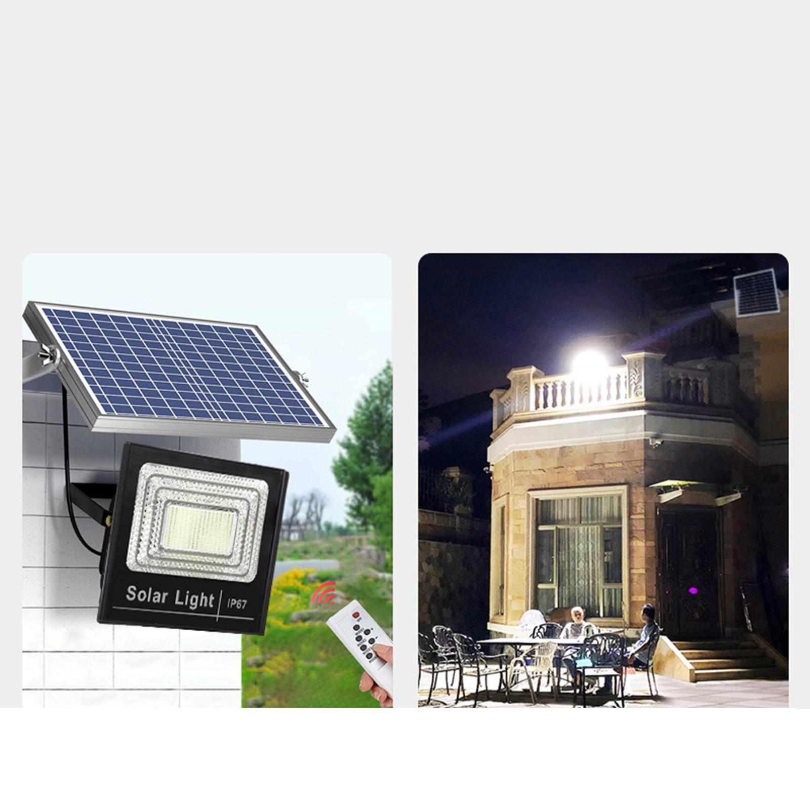 Solarlicht mit Fernbedienung und ein beleuchtetes Haus bei Nacht. Ein Solarpanel ist sichtbar.